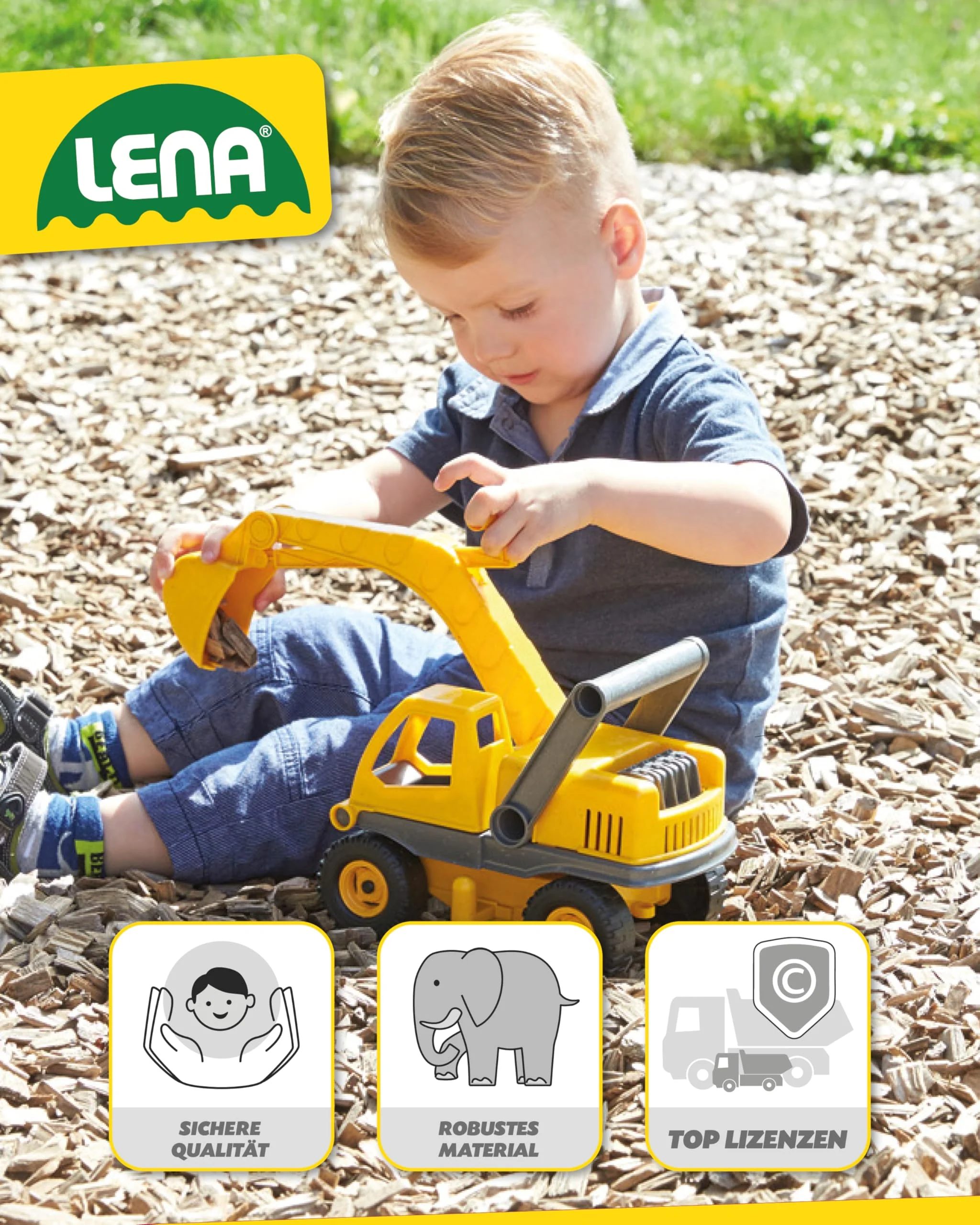 Lena 4211 EcoActives Bagger, Baustellenfahrzeug ca. 35 cm, robuster Schaufelbagger, natürlicher Holzgeruch durch ökologischen Holzanteil, Sandbagger für Kinder ab 2 Jahre, Spielfahrzeug in gelb - Image 4