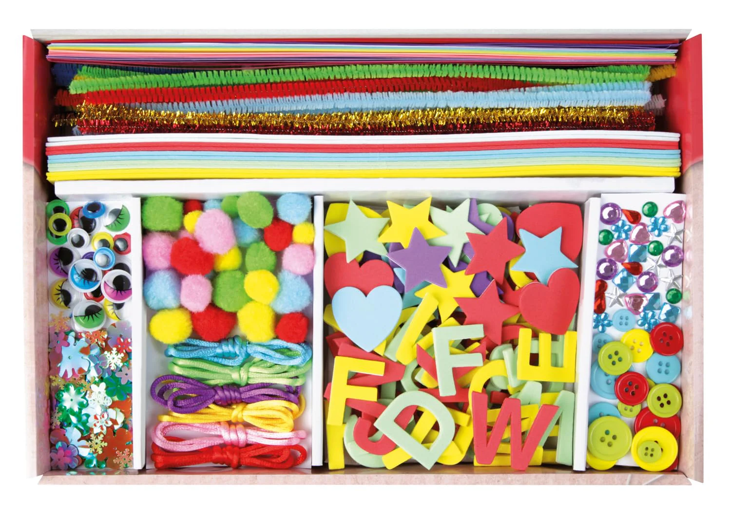 Lena Bastelkoffer mit 400 Teilen, Bastelset bestehend aus Papier, Moosgummi, Pfeifenreiniger, Strasssteine, Wackelaugen, Pompons und Knöpfe, Pink & Lila, geeignet für Kinder ab 5 Jahren - Image 3