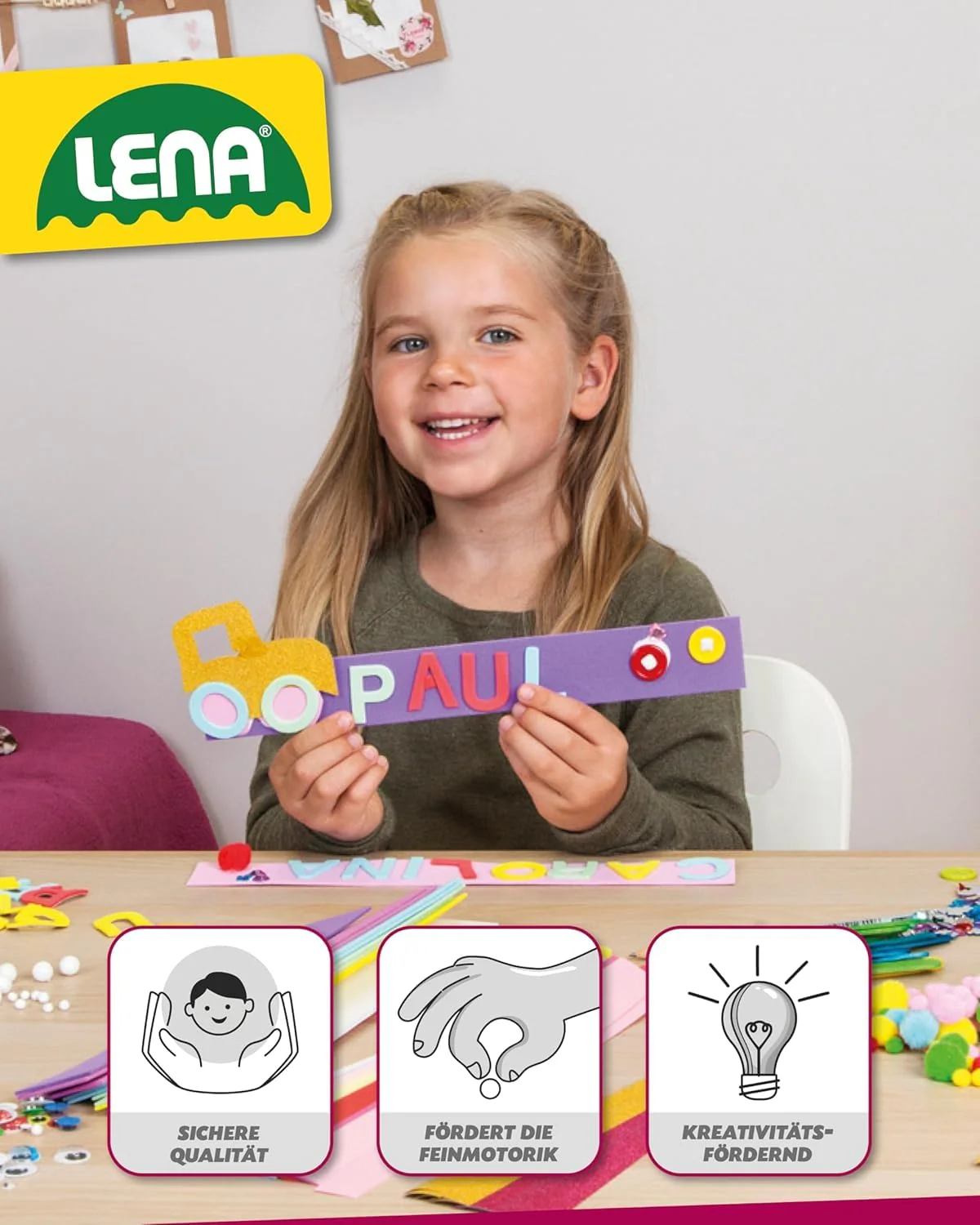 Lena Bastelkoffer mit 400 Teilen, Bastelset bestehend aus Papier, Moosgummi, Pfeifenreiniger, Strasssteine, Wackelaugen, Pompons und Knöpfe, Pink & Lila, geeignet für Kinder ab 5 Jahren - Image 7