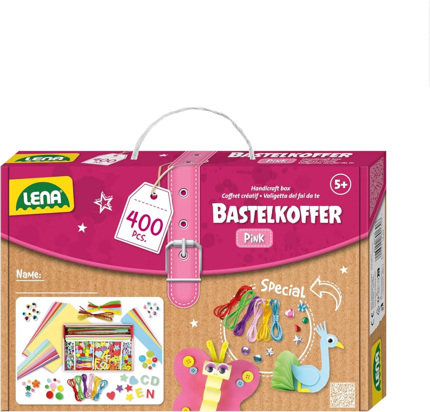 Lena Bastelkoffer mit 400 Teilen, Bastelset bestehend aus Papier, Moosgummi, Pfeifenreiniger, Strasssteine, Wackelaugen, Pompons und Knöpfe, Pink & Lila, geeignet für Kinder ab 5 Jahren - Image 8