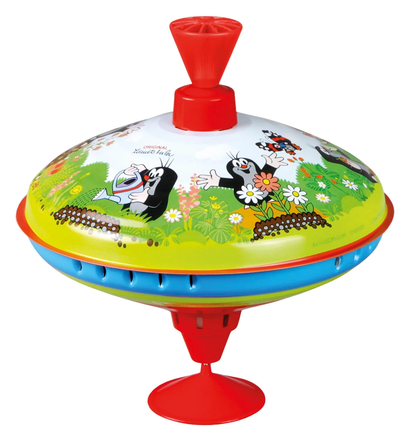 Lena tin Toys 52249 - Brummkreisel Ø19 cm Der kleine Maulwurf, Metall Kreisel, Schwungkreisel aus Blech, klassischer Pumpkreisel, Blechkreisel mit Spitze, Spielzeugkreisel für Kinder ab 18 Monate