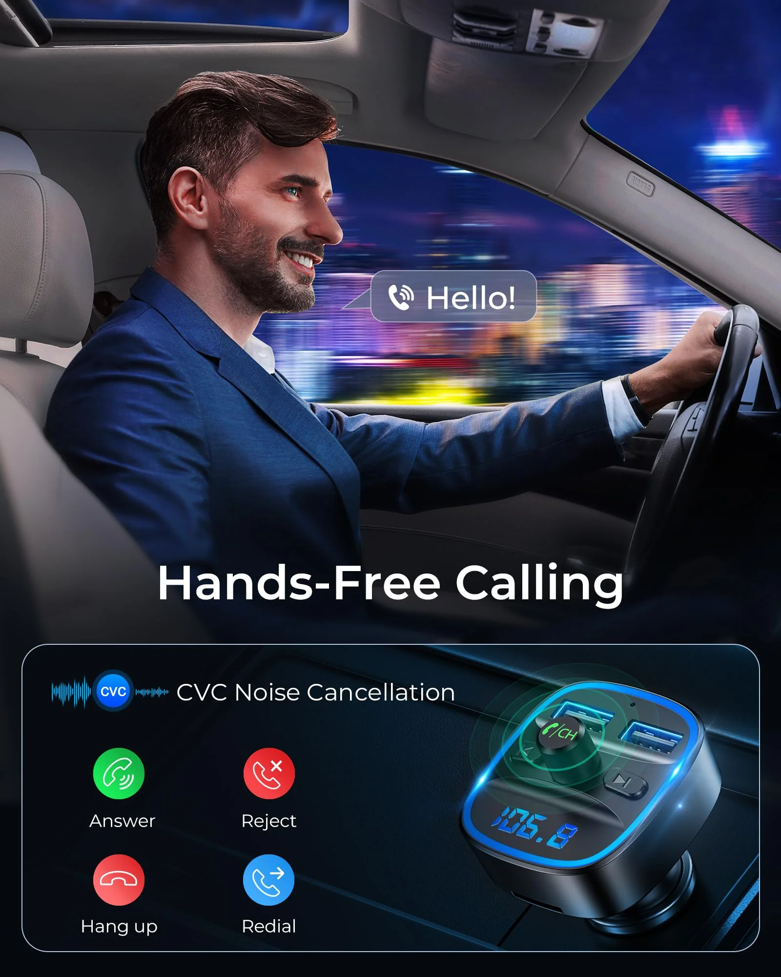 LENCENT Bluetooth FM Transmitter Auto, Musik Adapter für Auto Radio, KFZ Bluetooth Zigarettenanzünder Freisprechanlage, 2 USB Ports, Unterstützt SD-Karte USB-Sticks - Image 4