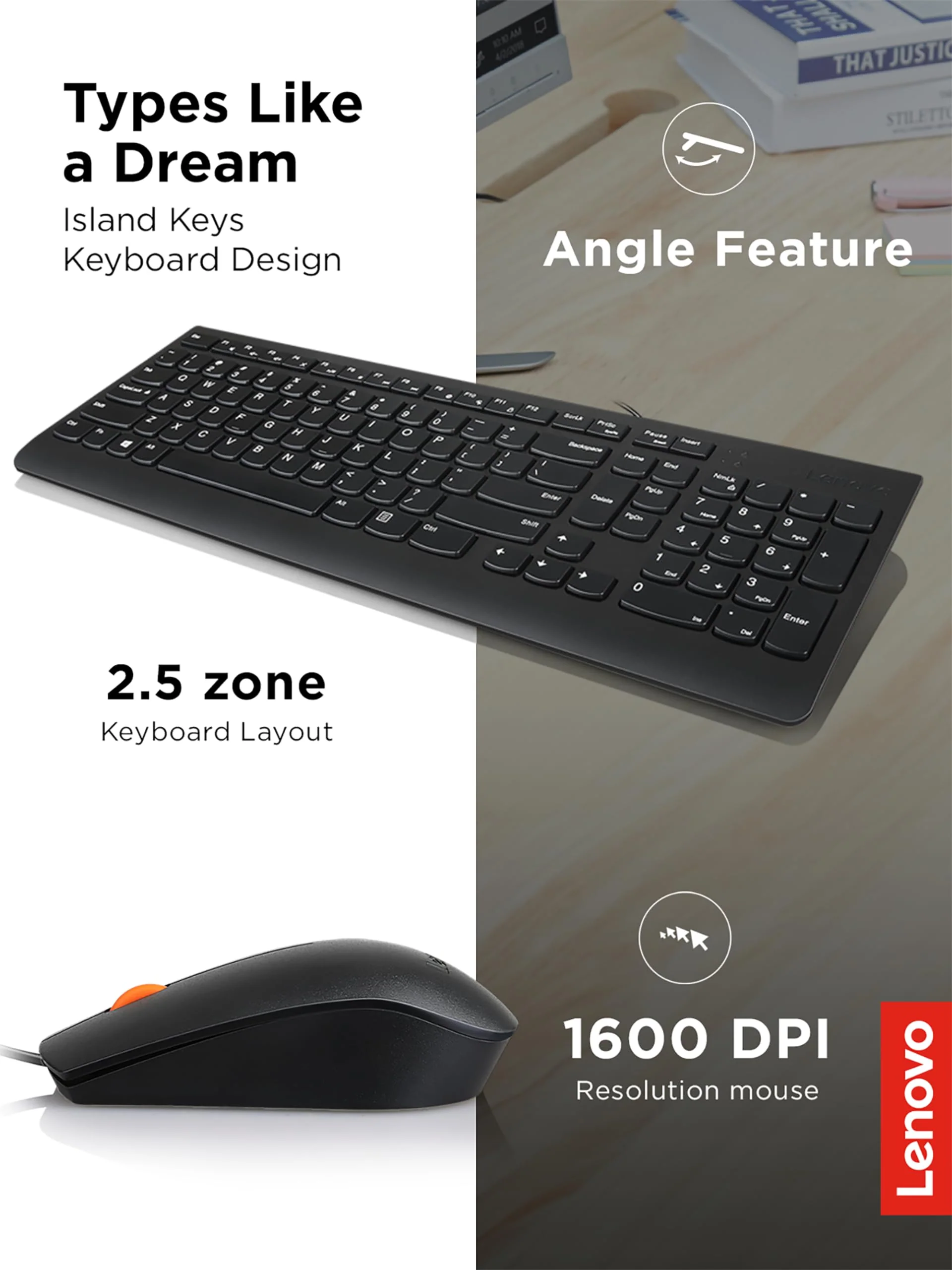 Lenovo 300 USB Combo, Full-Size Wired Tastatur & Maus, Ergonomische, Links- oder Rechtshänder, Optische Maus, GX30M39606, Schwarz - Image 4
