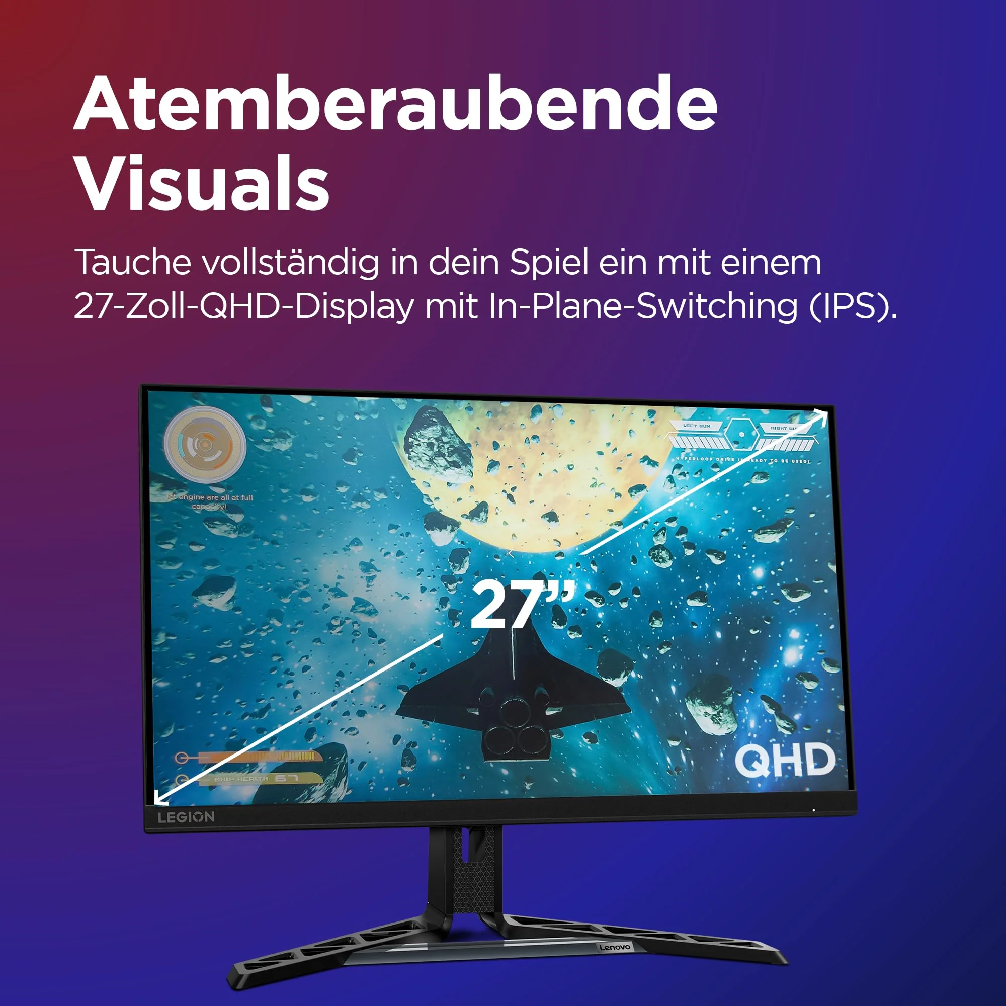 Lenovo Legion R27qe | 27" QHD Gaming Monitor | 2560x1440 | 180Hz | 450 nits | 0,5ms Reaktionszeit | HDMI | DisplayPort | AMD FreeSync | schwarz - Image 5