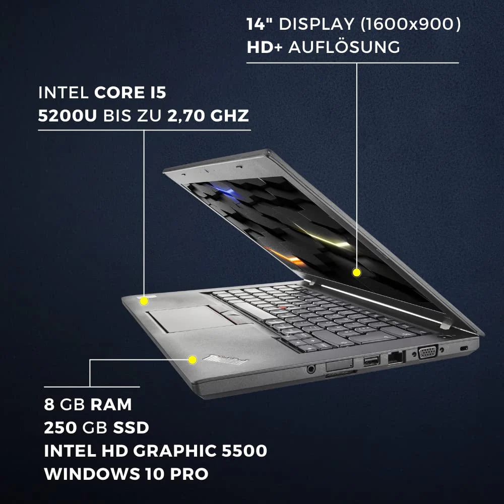 Lenovo ThinkPad T450 I 14" Display 1600x900 (HD+) I Intel Core I5-5200U 2X 2,20 bis 2,70 GHz I 8 GB RAM I 250 GB SSD I VGA I USB 3.0 I Intel HD Grafik 5500 I Win 10 Pro (Generalüberholt) - Image 8
