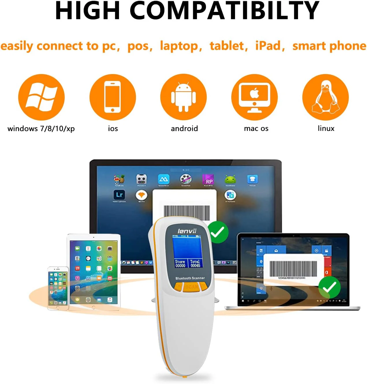 LENVII Mini Wireless Barcode Scanner Bluetooth 3-in-1 Portable Barcode Reader kabellos 1D/2D/QR Code Scanner mit Display Barcode Leser WIN/Android/iOS für Geschäft, Supermarkt, Lager(Weiß) - Image 14