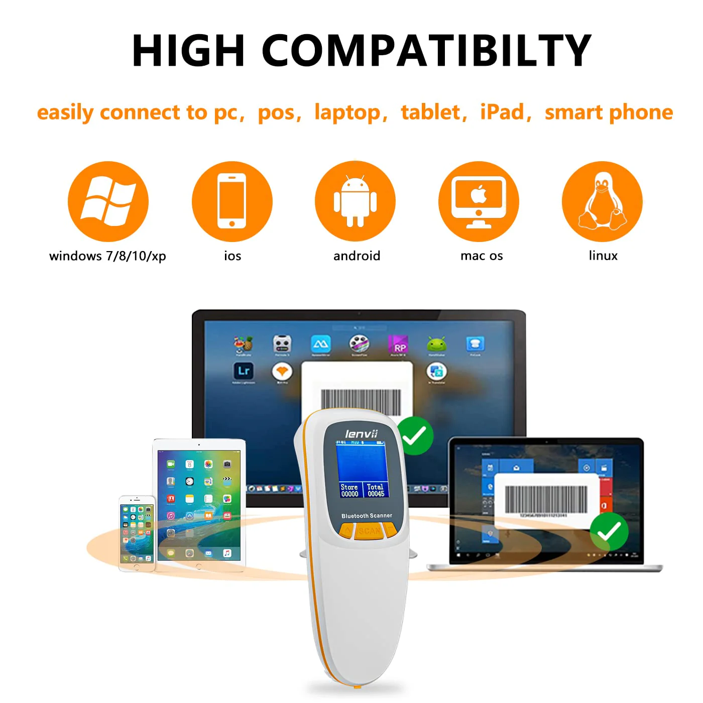 LENVII Mini Wireless Barcode Scanner Bluetooth 3-in-1 Portable Barcode Reader kabellos 1D/2D/QR Code Scanner mit Display Barcode Leser WIN/Android/iOS für Geschäft, Supermarkt, Lager(Weiß) - Image 16