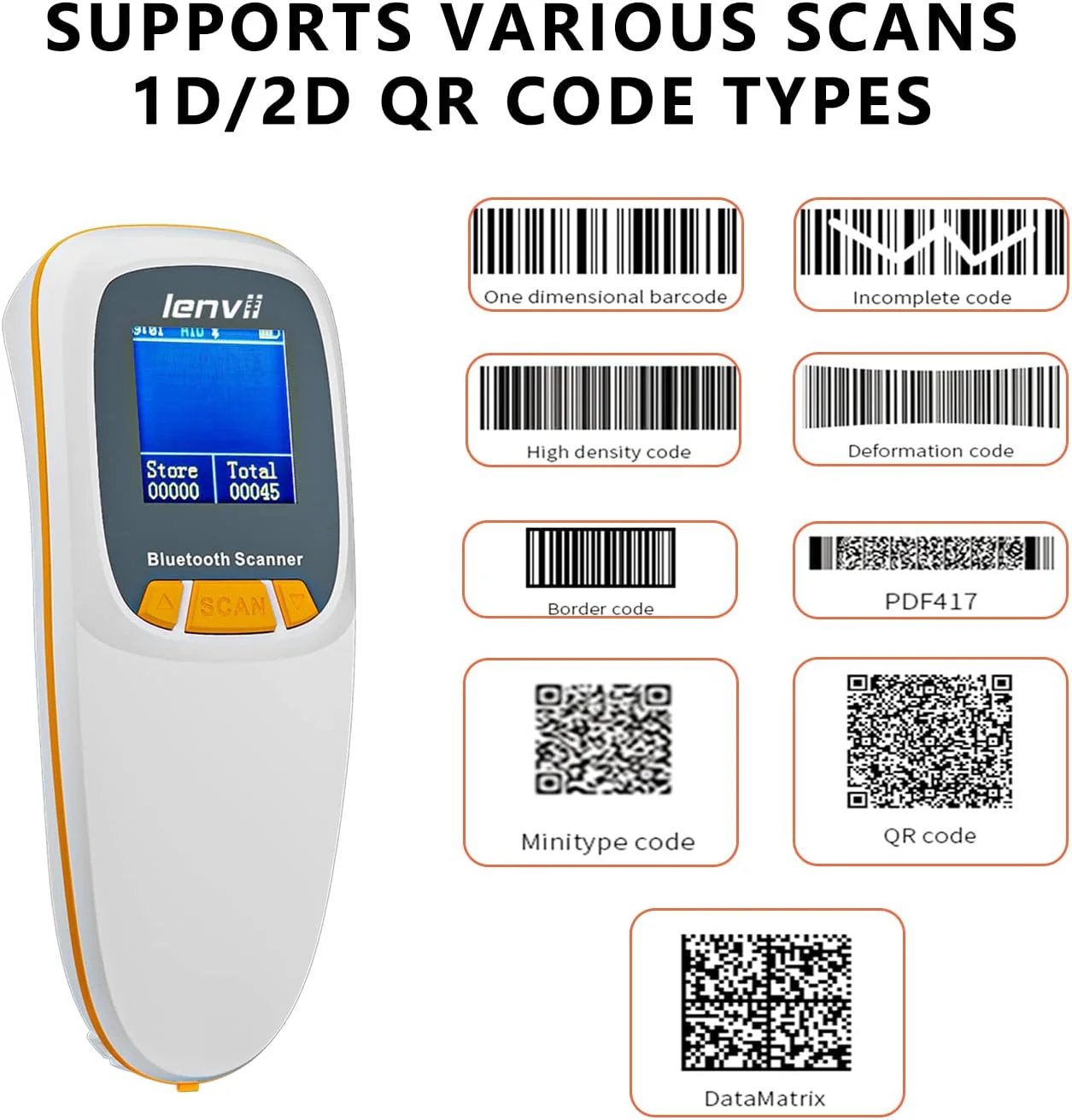 LENVII Mini Wireless Barcode Scanner Bluetooth 3-in-1 Portable Barcode Reader kabellos 1D/2D/QR Code Scanner mit Display Barcode Leser WIN/Android/iOS für Geschäft, Supermarkt, Lager(Weiß) - Image 20