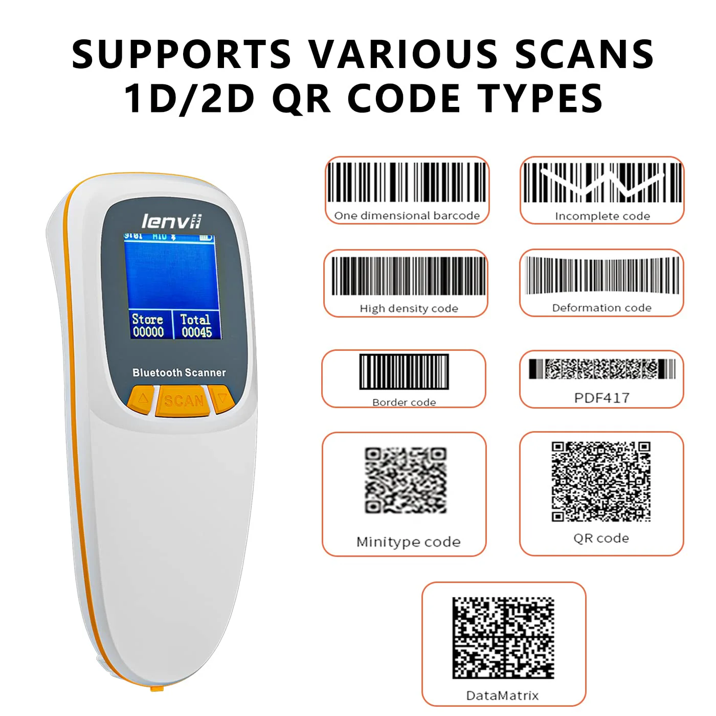 LENVII Mini Wireless Barcode Scanner Bluetooth 3-in-1 Portable Barcode Reader kabellos 1D/2D/QR Code Scanner mit Display Barcode Leser WIN/Android/iOS für Geschäft, Supermarkt, Lager(Weiß) - Image 3