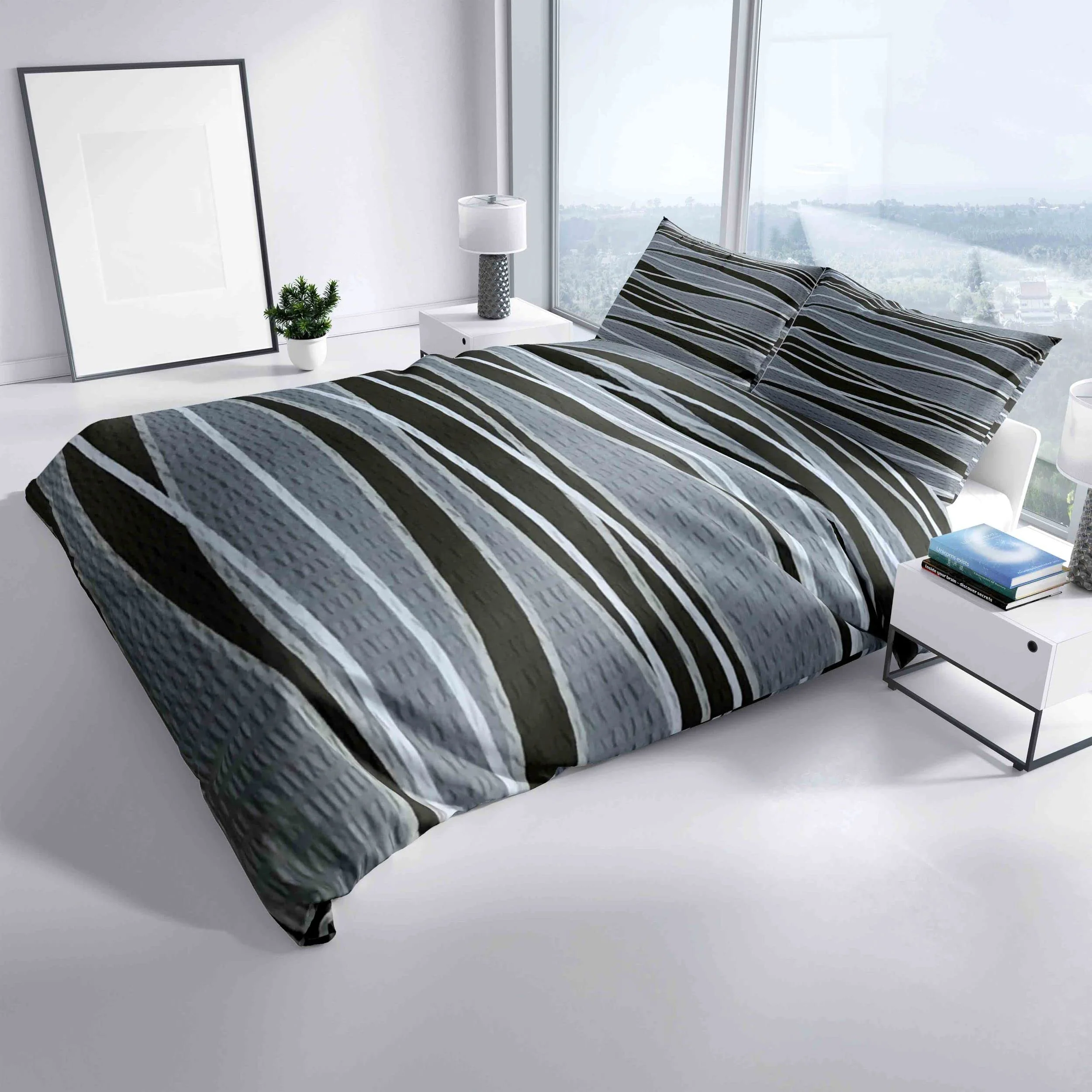Leonado Vicenti - 4teilig Bettwäsche Seersucker 135x200 cm oder 155x220 cm mit Reißverschluss, Größe:135 x 200 cm, Farbe, Design:Schwarz Welle