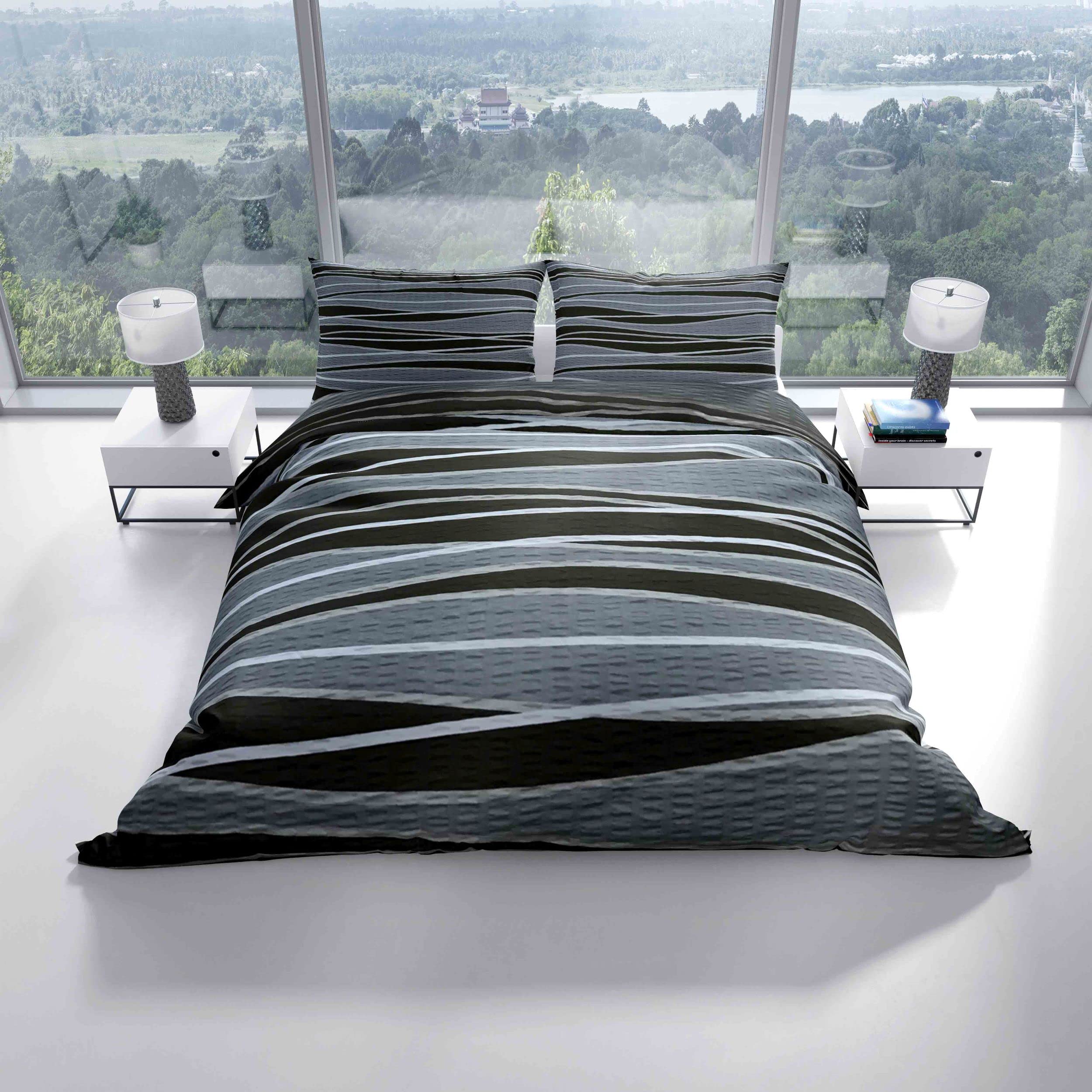 Leonado Vicenti - 4teilig Bettwäsche Seersucker 135x200 cm oder 155x220 cm mit Reißverschluss, Größe:135 x 200 cm, Farbe, Design:Schwarz Welle - Image 3
