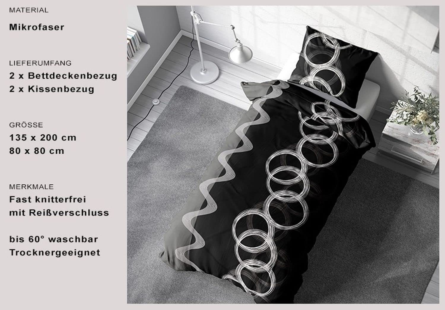 Leonado Vicenti Bettwäsche 135 x 200 cm 80 x 80 cm Mikrofaser 4 TLG Schwarz Weiß Grau Kreise Knitterfrei Pflegeleicht Unisex - Image 3