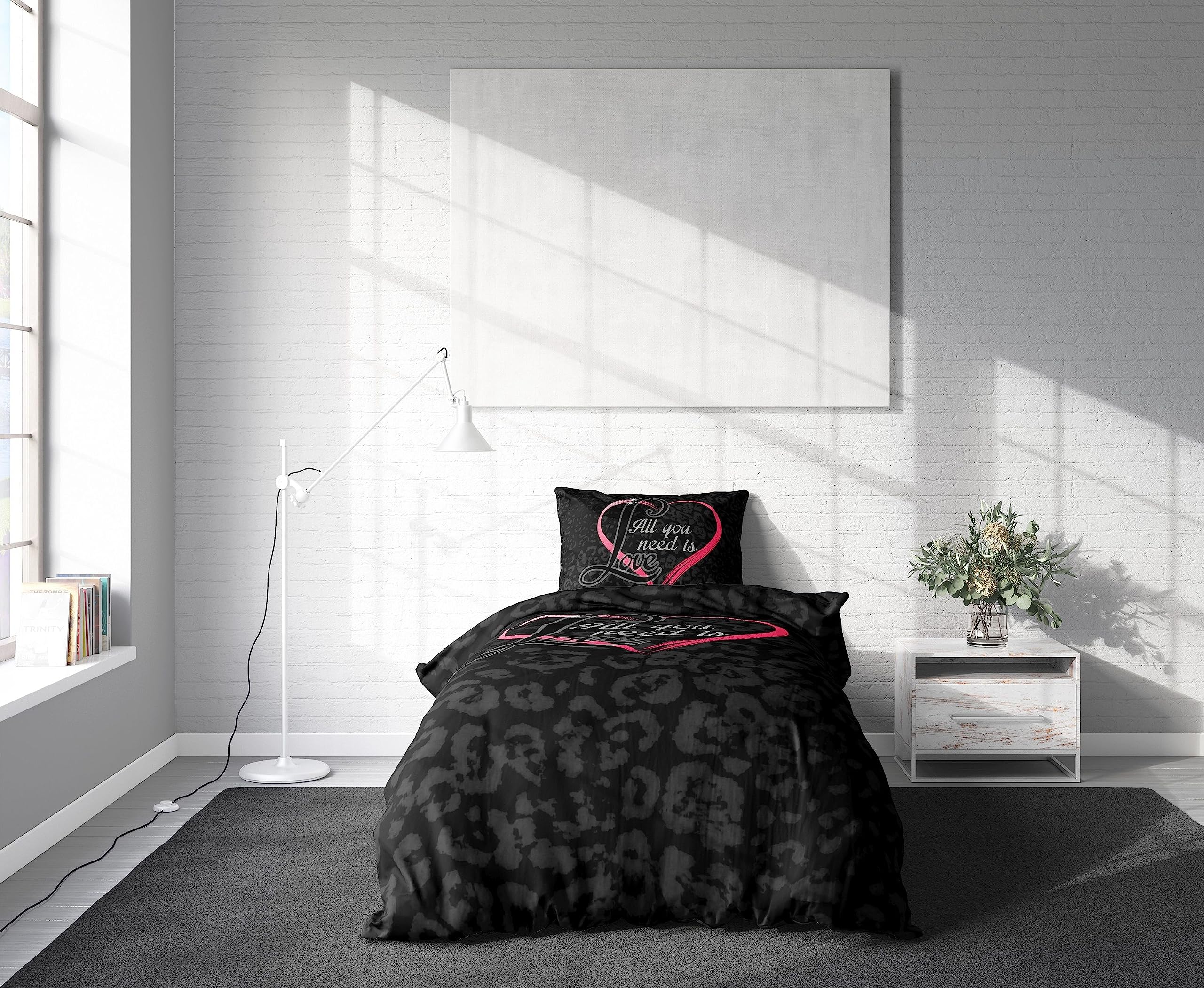 Leonado Vicenti Partner Bettwäsche 135x200 4 teilig Microfaser Schwarz mit Herz in Pink und Love Fotodruck mit Reißverschluss - Image 6