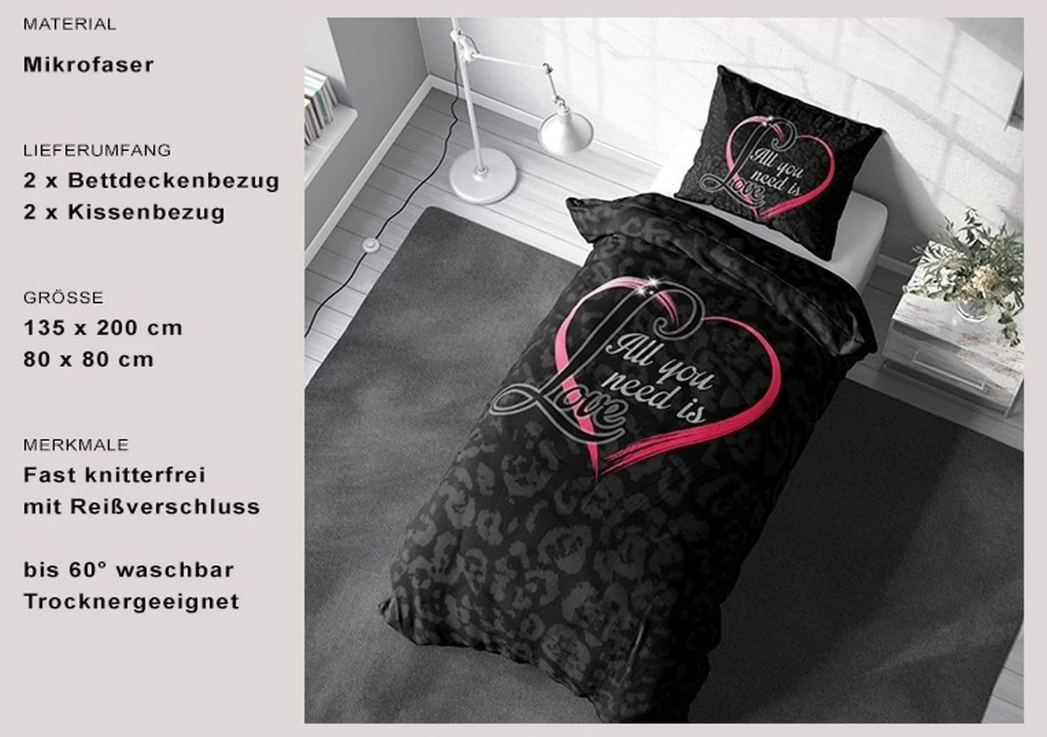 Leonado Vicenti Partner Bettwäsche 135x200 Microfaser 4 teilig Herz in Pink und Love Fotodruck mit Reißverschluss Schwarz - Image 2