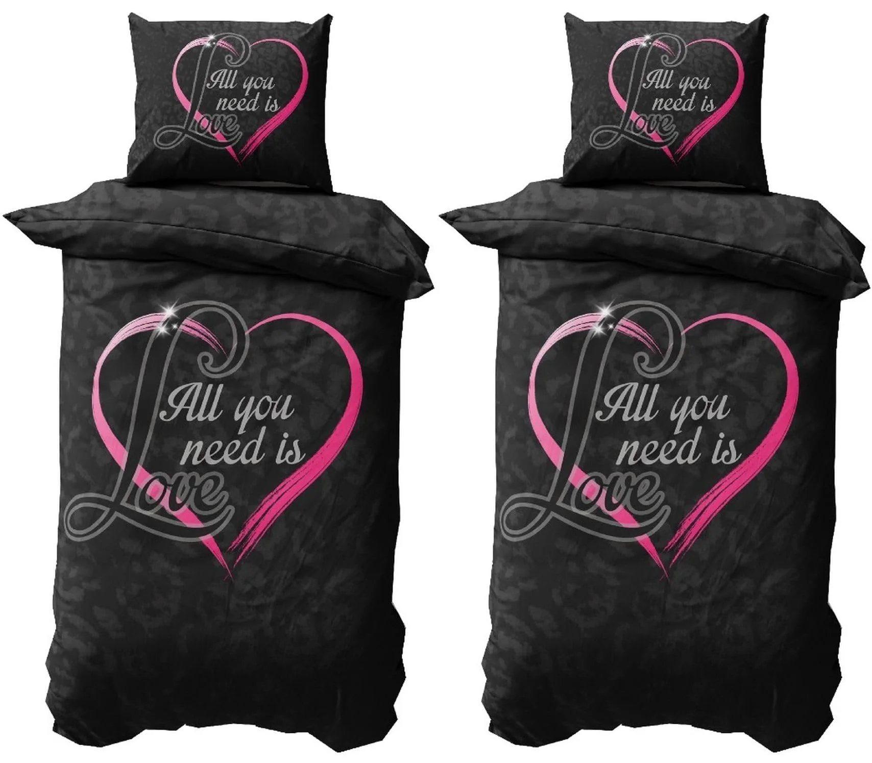 Leonado Vicenti Partner Bettwäsche 135x200 Microfaser 4 teilig Herz in Pink und Love Fotodruck mit Reißverschluss Schwarz - Image 3