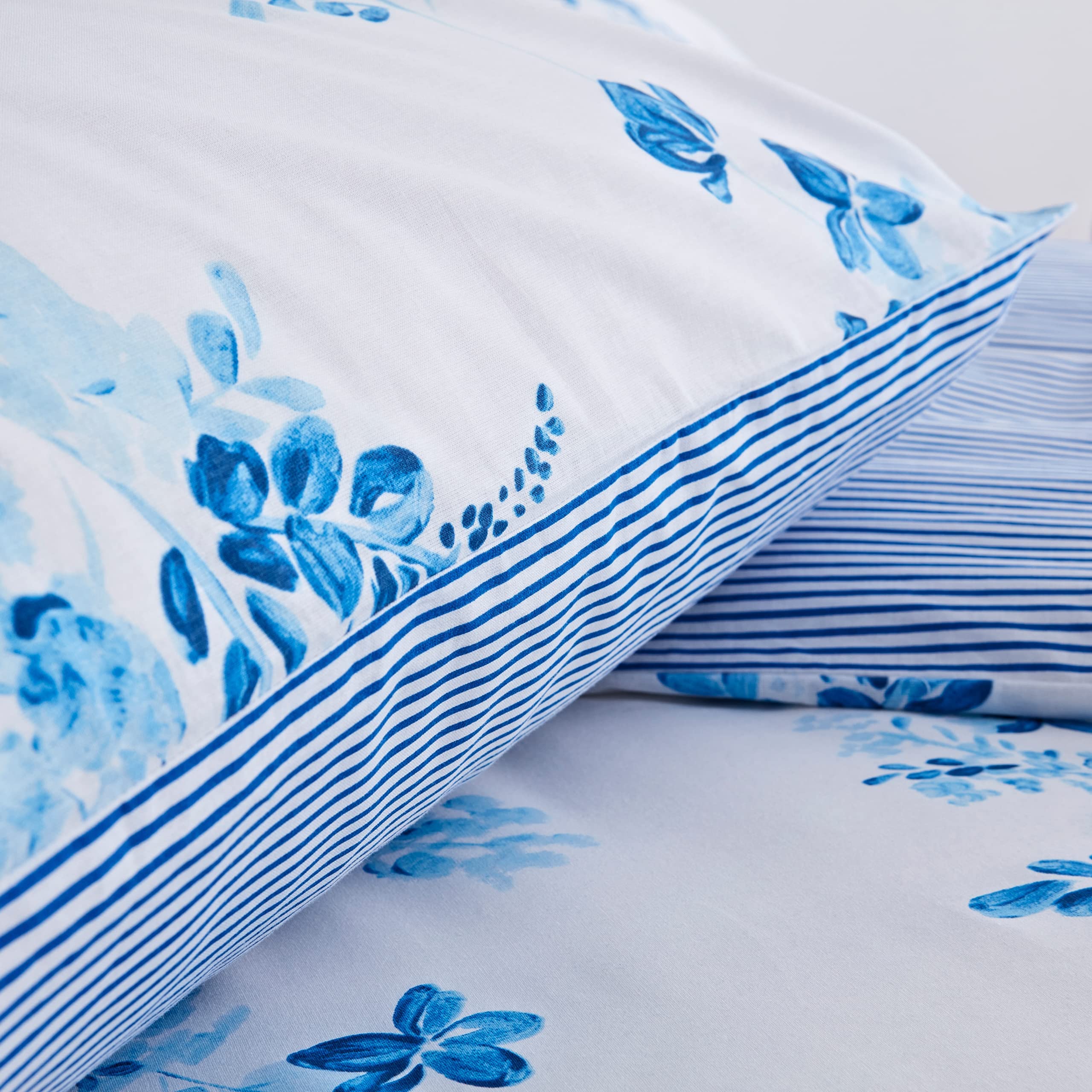 LERUUM Bettwäsche Set 140x200 Baumwolle Reversibel Streifen Blumen Blau Weiß Bettbezug (140 x 200 + 65 x 65 cm)
