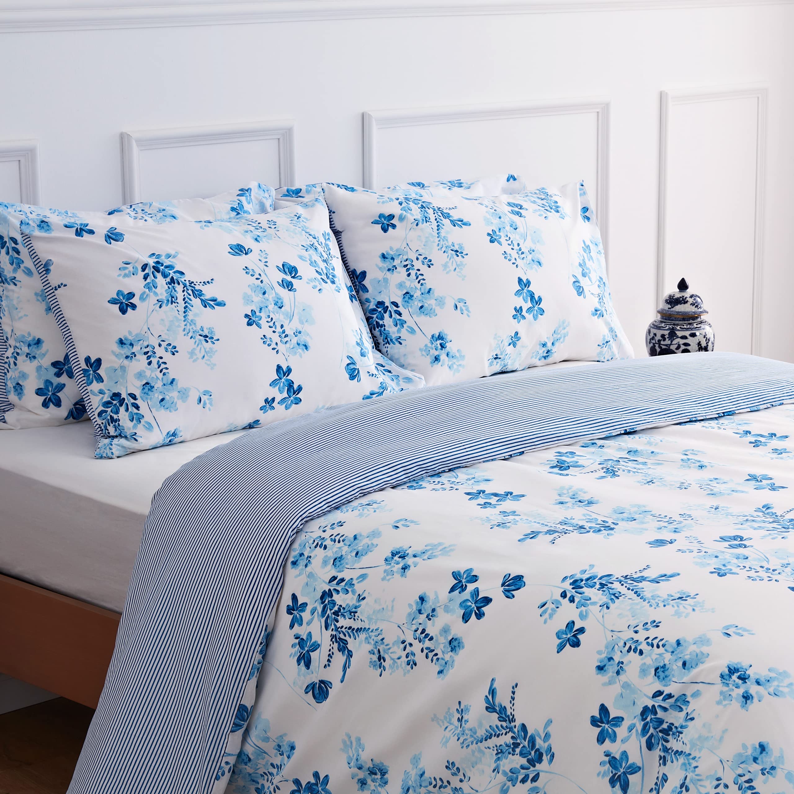 LERUUM Bettwäsche Set 140x200 Baumwolle Reversibel Streifen Blumen Blau Weiß Bettbezug (140 x 200 + 65 x 65 cm) - Image 10