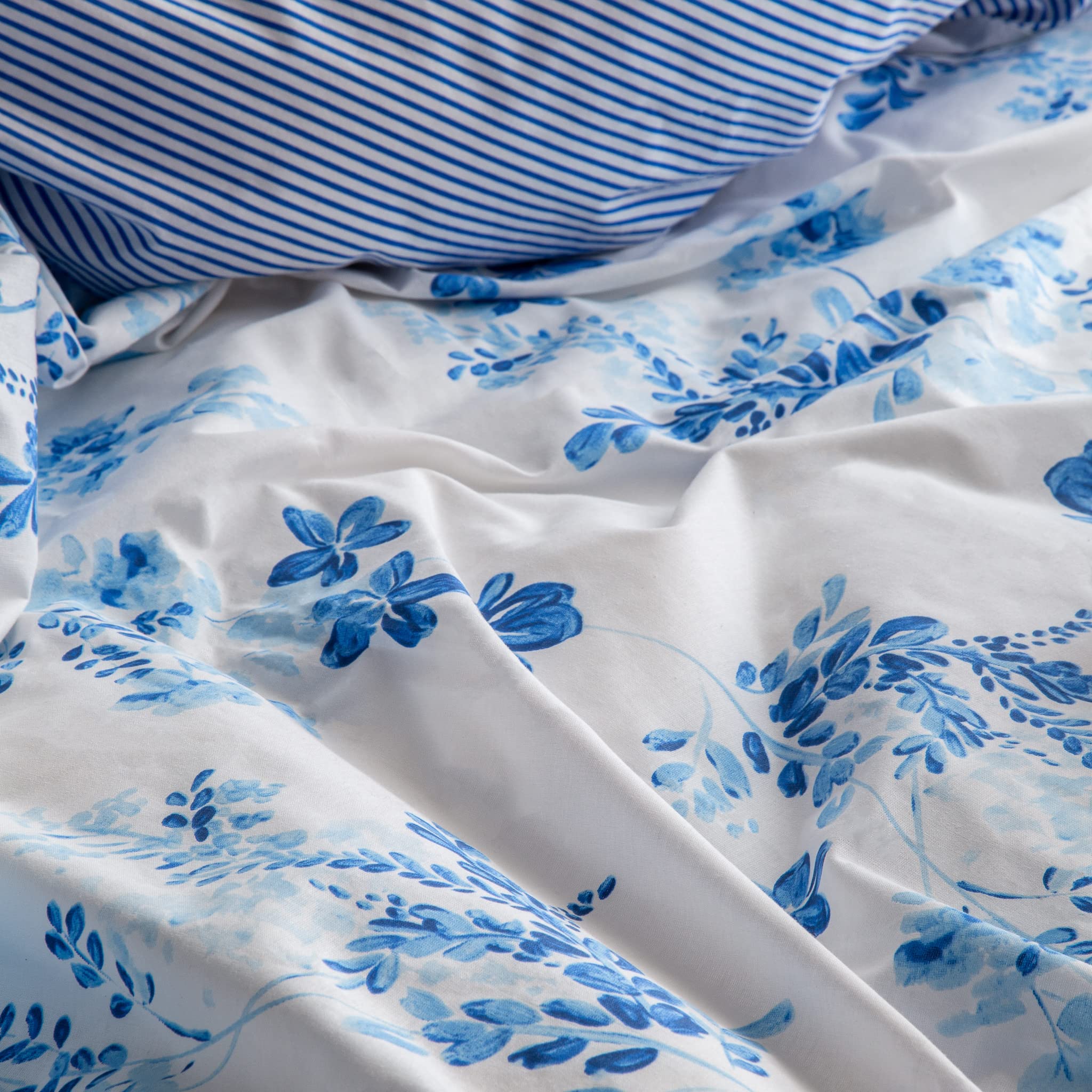 LERUUM Bettwäsche Set 140x200 Baumwolle Reversibel Streifen Blumen Blau Weiß Bettbezug (140 x 200 + 65 x 65 cm) - Image 6