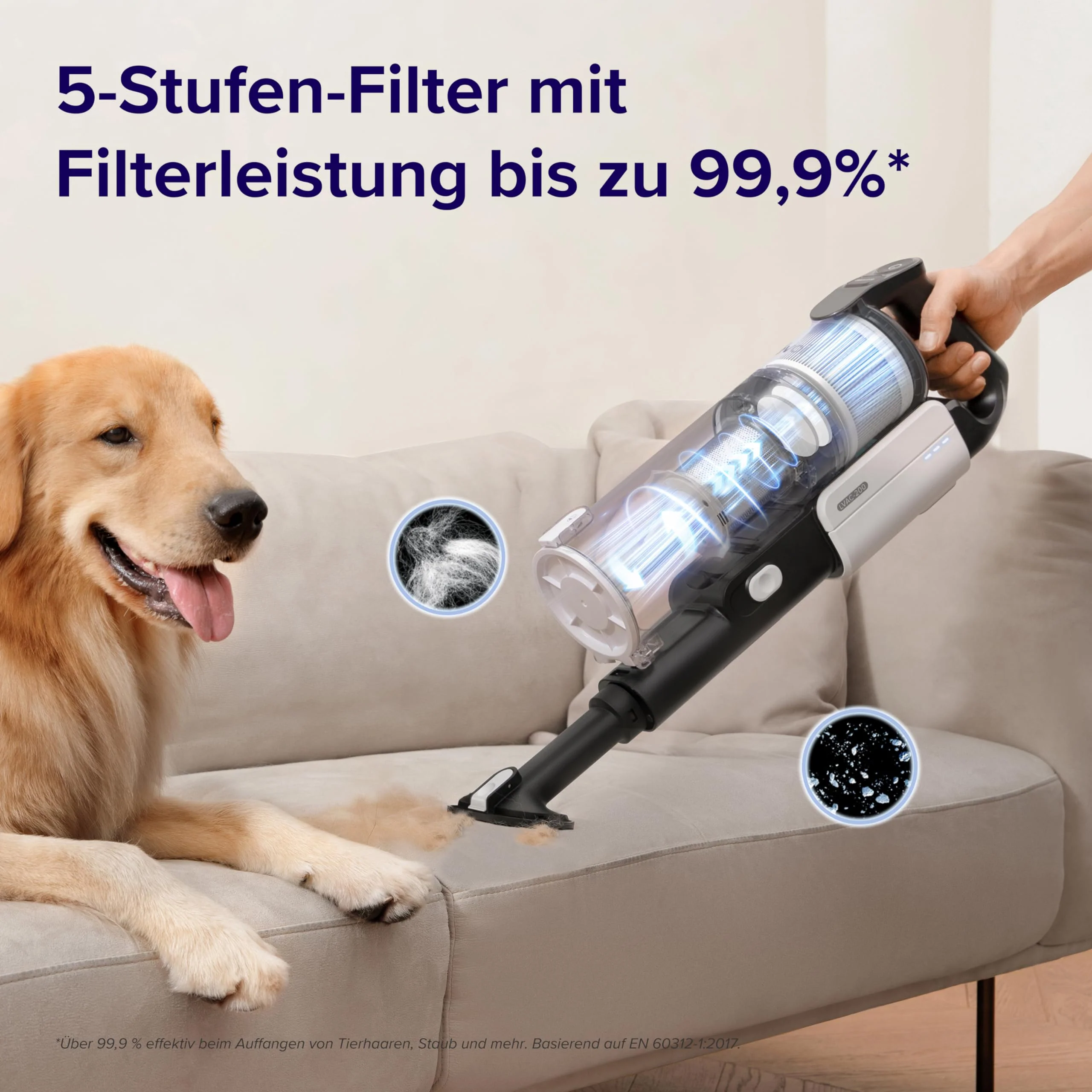 Levoit Akku Staubsauger mit Tierhaardüse, Anti-Haar-Verwicklung, max 50min Laufzeit, 4-in-1 Kabelloser Akkustaubsauger mit 99,9% Filterleistung, Beutelloser Akkusauger für Teppich Hartböden und Auto - Image 9