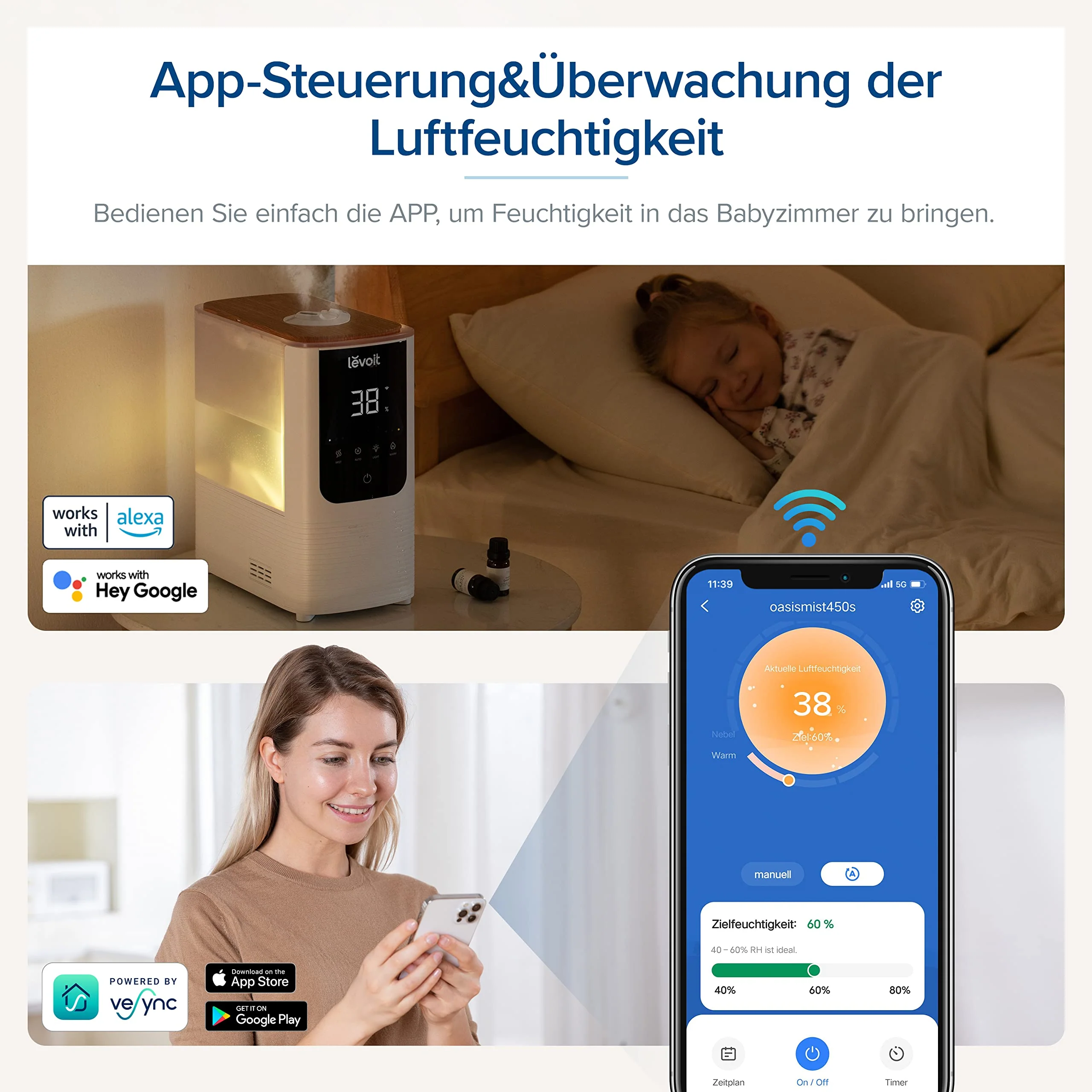LEVOIT Smart Luftbefeuchter, Warm-/Kalter Nebel max 550 ml/h, 4,5L Humidifier bis 40㎡ 45H, 26dB Aroma Raumbefeuchter mit Nachtlicht für Schlafzimmer Kinderzimmer und Pflanzen, Exklusiv bei Amazon,Weiß - Image 6