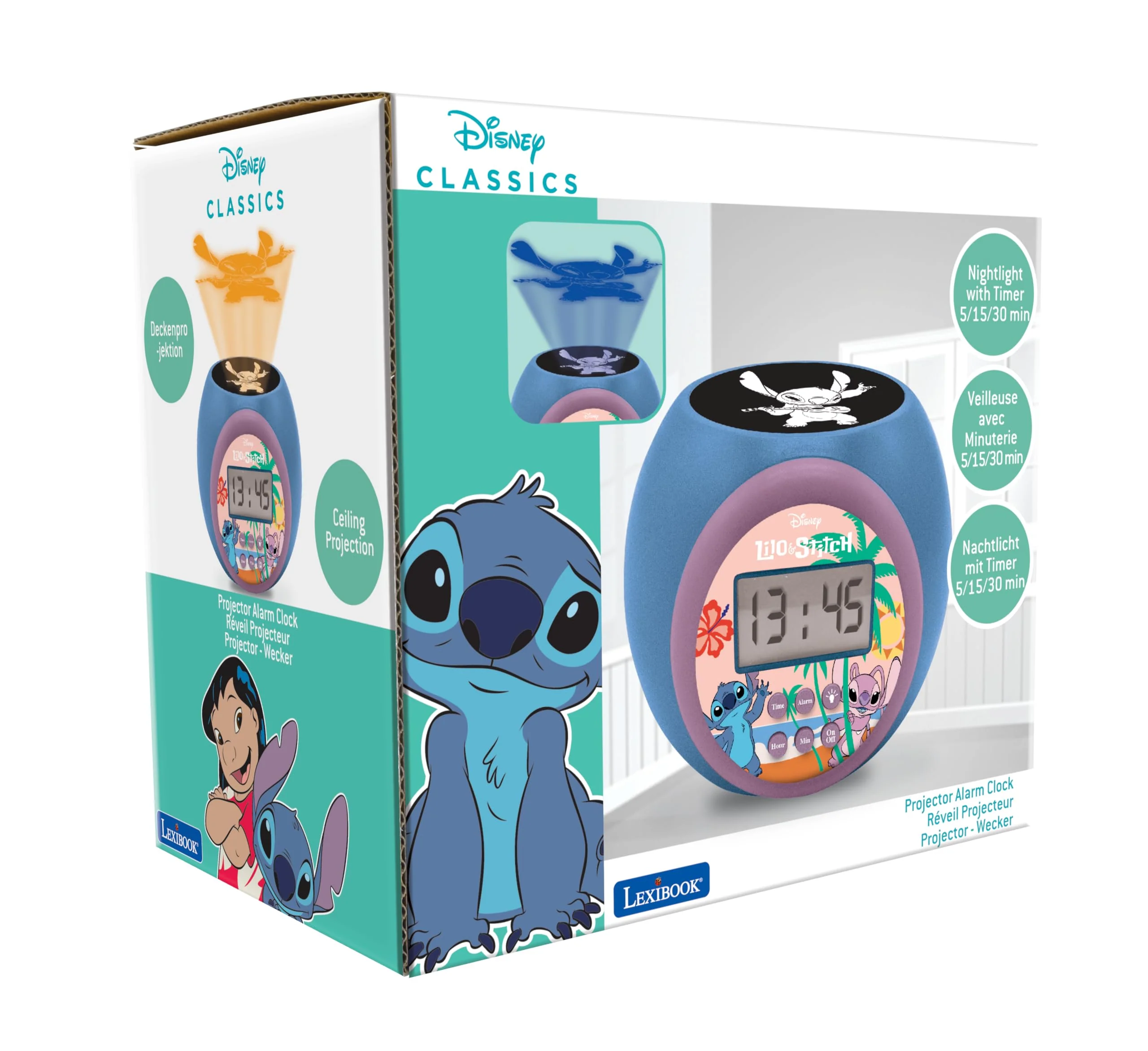 Lexibook, Disney Stitch, Projektionswecker mit Schlummerfunktion und Alarmfunktion, Nachtlicht mit Timer, LCD-Bildschirm, batteriebetrieben, blau, RL977D - Image 4