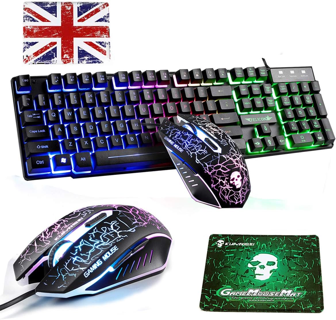Lexon tech Kabelgebundene Tastatur und Maus Set T6 Rainbow Hintergrundbeleuchtung, USB, ergonomische Multimedia-Tastatur, 2400 DPI,6 Tasten,USB-Gaming-Maus, inklusive Gaming-Mauspads in Standardgröße - Image 3