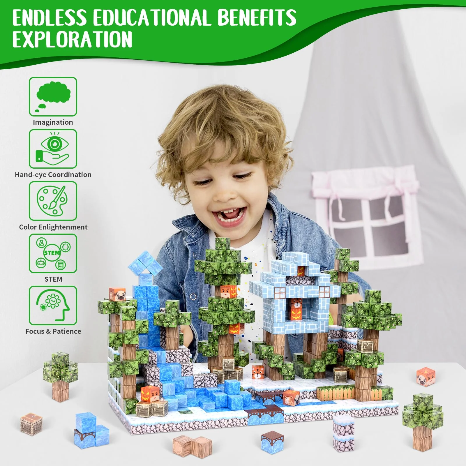 LFZXKJKJ 100 PCS Mgnetische Bauklötze, Magnetische Fliesen Bauen Magnet Welt Set, STEM Sensorik Spielzeug für Kleinkinder Kinder Mädchen Jungen ab 3 Jahren, Fidget Würfel Konstruktion Spielzeug - Image 4