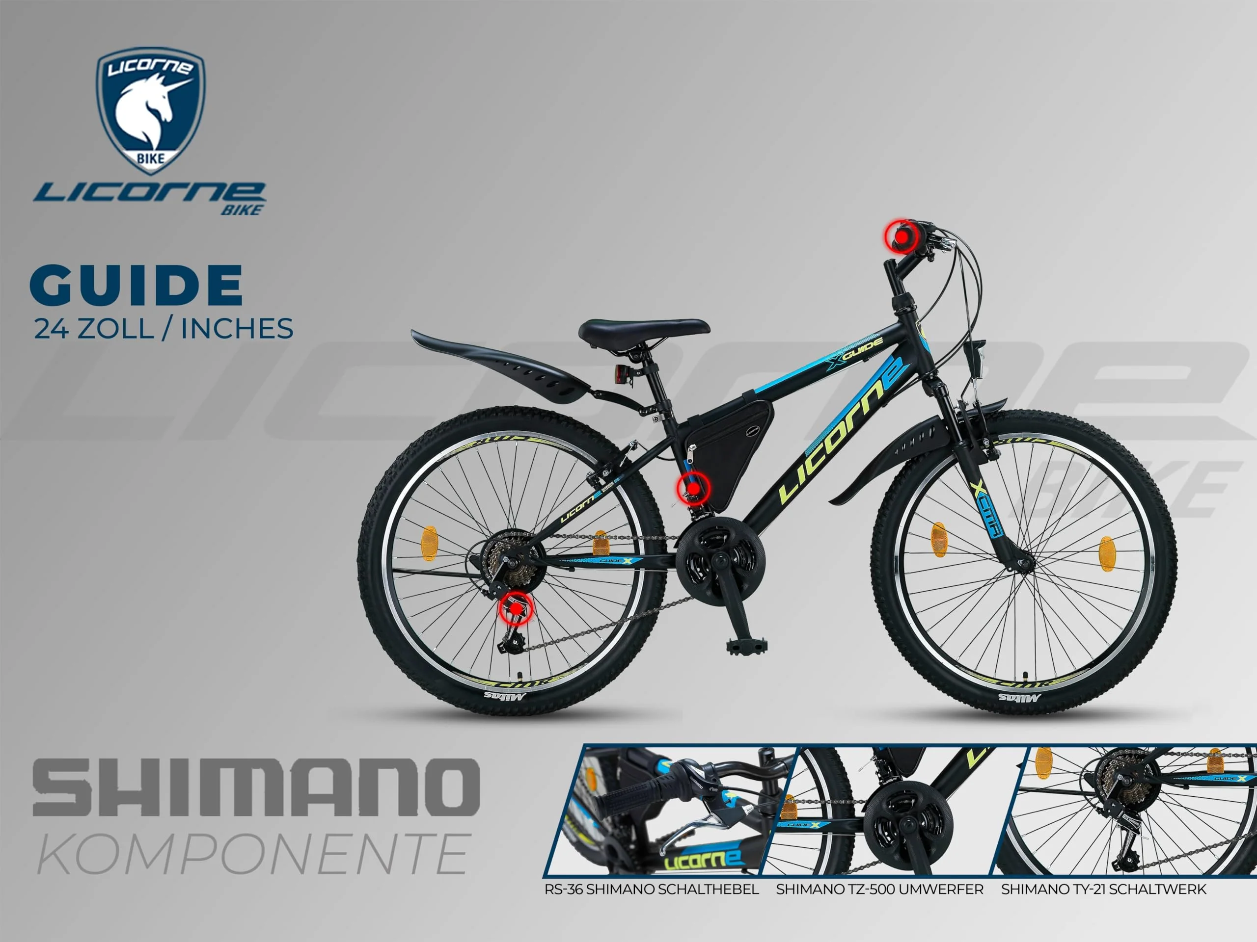 Licorne Bike Guide Premium Mountainbike in 20, 24, 26, 27.5 und 29 Zoll Fahrrad für Mädchen Jungen Herren und Damen (24 Zoll, Schwarz/Blau/Lime)