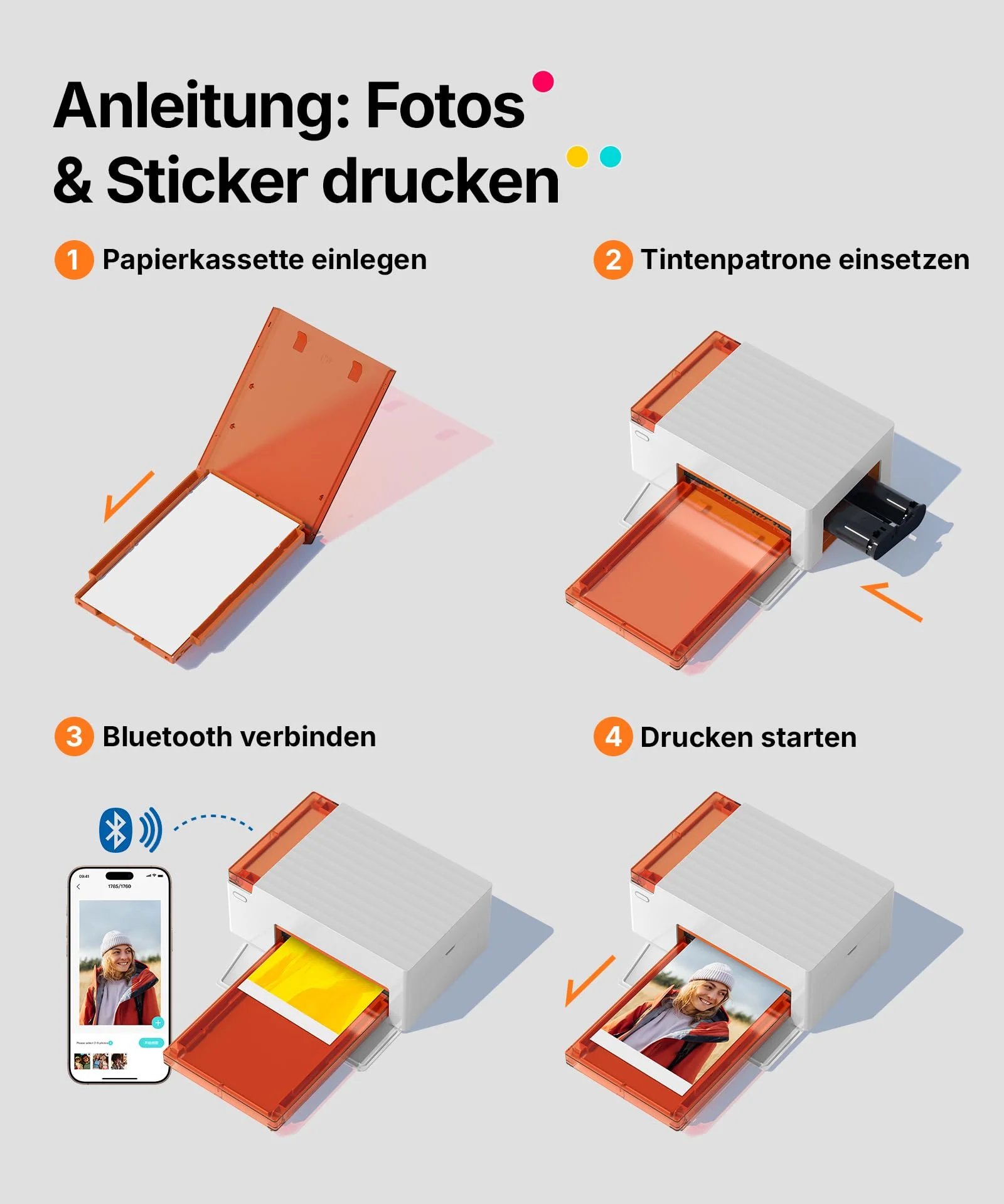 Liene Amber M110 Mini Fotodrucker für Smartphone – inkl. 60 Blatt 10x15 cm Fotopapier + 20 Blatt 7,7 cm Selbstklebende Fotos + 2 Farbbänder – Thermosublimation, Bluetooth, für iPhone & Android - Image 2