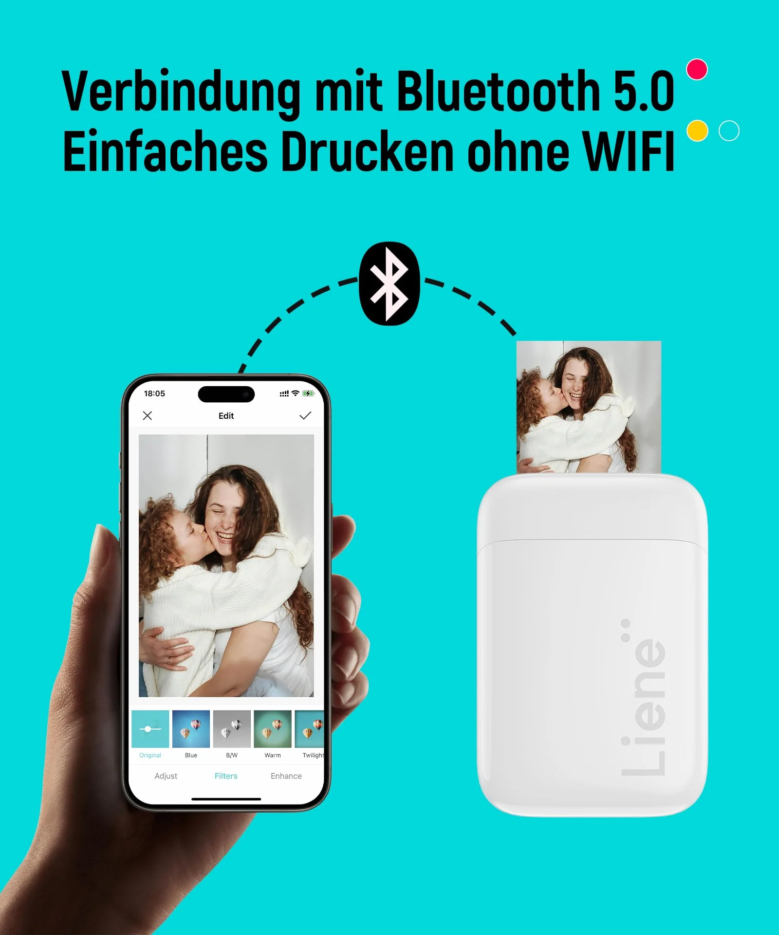 Liene Pearl K100 2x3'' Mini Fotodrucker Smartphone, Mini Tragbarer Sofortbilddrucker mit 5 Zink Klebepapier, Bluetooth 5.0, Kompatibel mit IOS & Android, Kleiner Handy Fotodrucker für iPhone - Weiß - Image 8