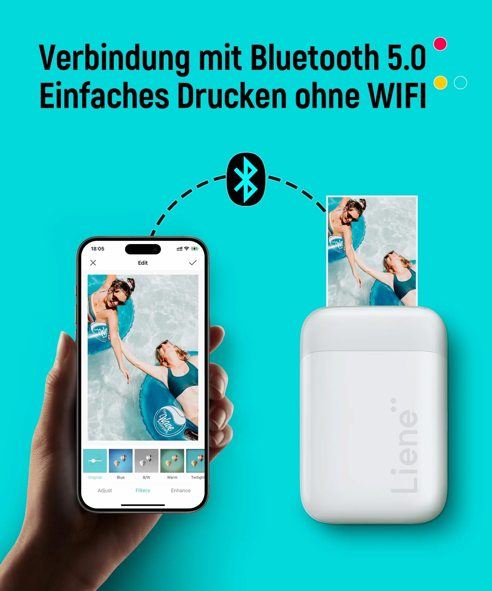 Liene Pearl K100 Mini Fotodrucker für Smartphone(5x7,6cm) - mit 50 Blatt Zink-Fotopapier mit Kleberückseite, 300DPI Bluetooth Sofortbilddrucker kompatibel mit iOS & Android, Integrierter Akku - Image 8