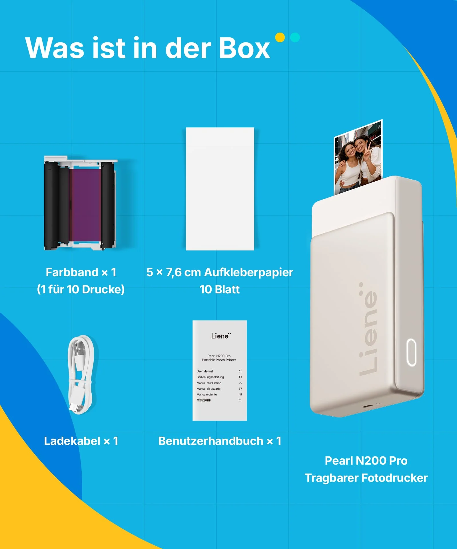 Liene Pearl N200 Pro Tragbarer Mini Fotodrucker mit Farbsublimation – Inkl. 10 Selbstklebende Fotos (5x7,6 cm) & Farbband, Bluetooth, 300 DPI, Sofortbilddrucker für iPhone & Android, Akku, in Gold - Image 2