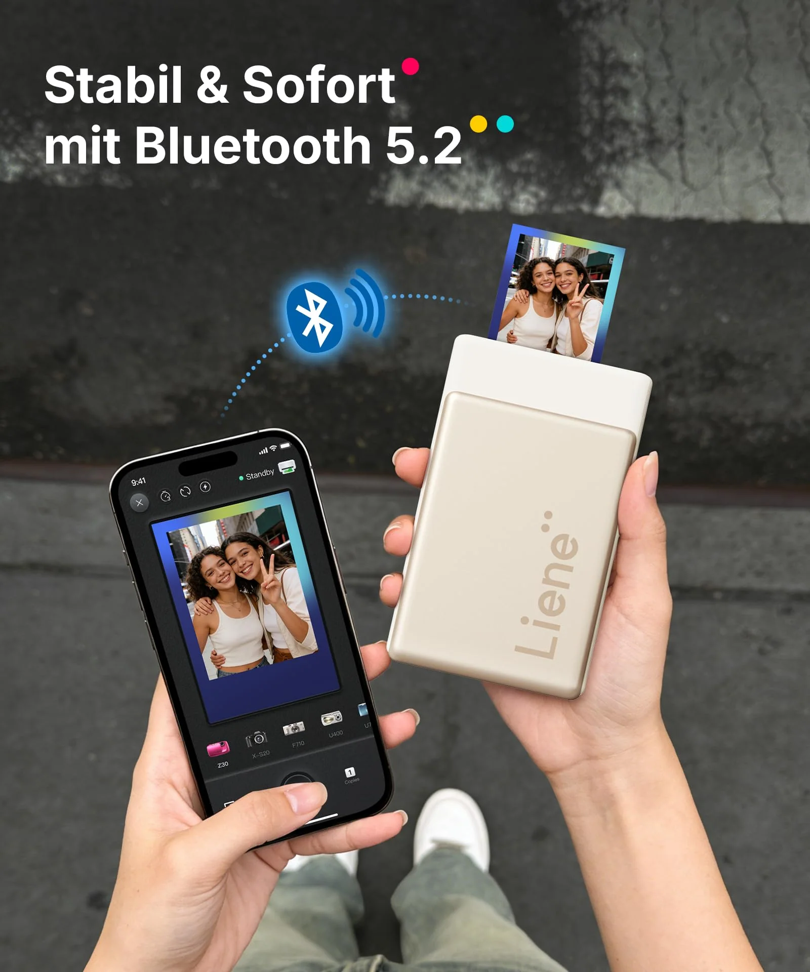Liene Pearl N200 Pro Tragbarer Mini Fotodrucker mit Farbsublimation – Inkl. 10 Selbstklebende Fotos (5x7,6 cm) & Farbband, Bluetooth, 300 DPI, Sofortbilddrucker für iPhone & Android, Akku, in Gold - Image 3