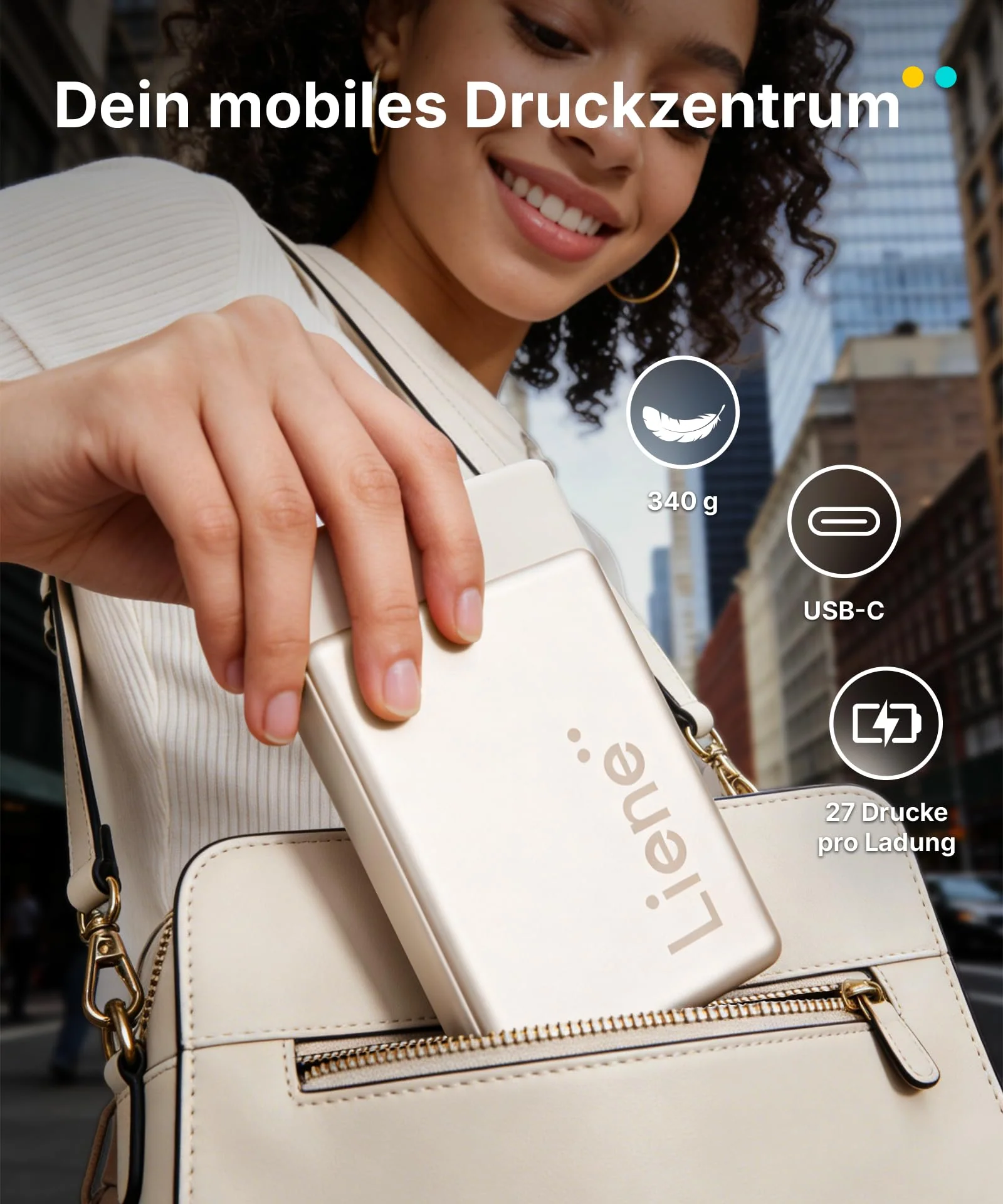 Liene Pearl N200 Pro Tragbarer Mini Fotodrucker mit Farbsublimation – Inkl. 10 Selbstklebende Fotos (5x7,6 cm) & Farbband, Bluetooth, 300 DPI, Sofortbilddrucker für iPhone & Android, Akku, in Gold - Image 4