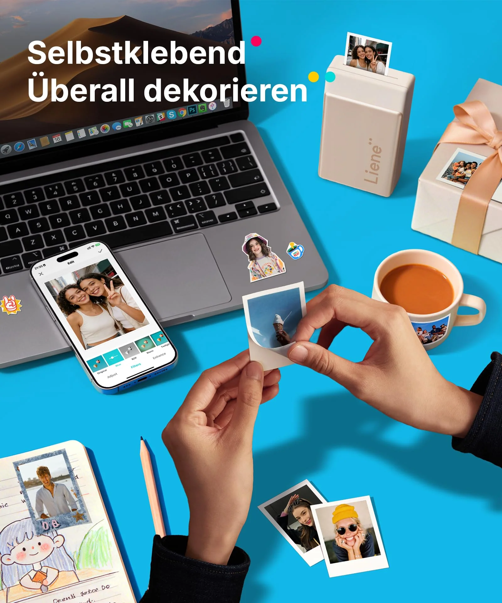Liene Pearl N200 Pro Tragbarer Mini Fotodrucker mit Farbsublimation – Inkl. 10 Selbstklebende Fotos (5x7,6 cm) & Farbband, Bluetooth, 300 DPI, Sofortbilddrucker für iPhone & Android, Akku, in Gold - Image 7