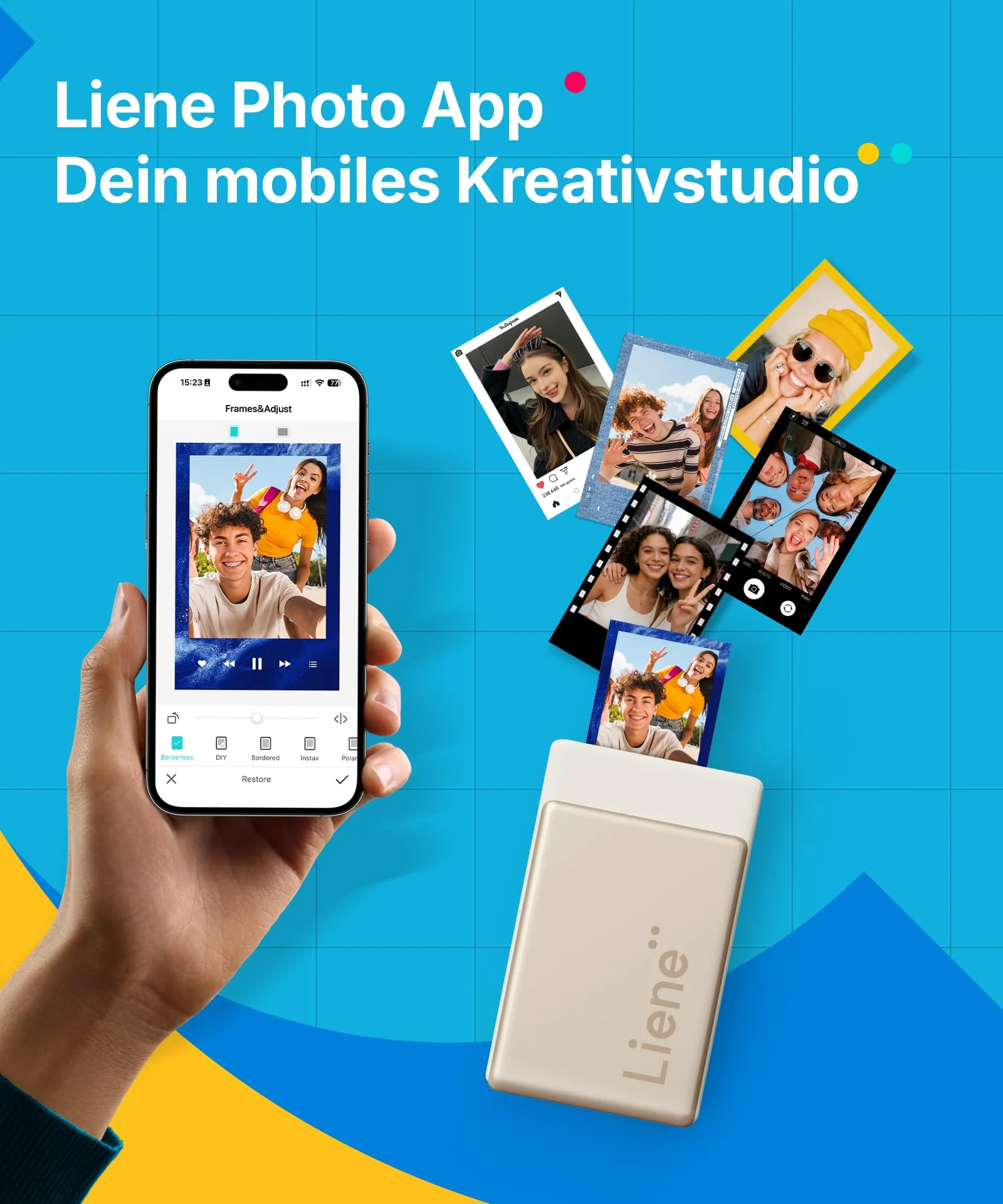 Liene Pearl N200 Pro Tragbarer Mini Fotodrucker mit Farbsublimation – Inkl. 10 Selbstklebende Fotos (5x7,6 cm) & Farbband, Bluetooth, 300 DPI, Sofortbilddrucker für iPhone & Android, Akku, in Gold - Image 8