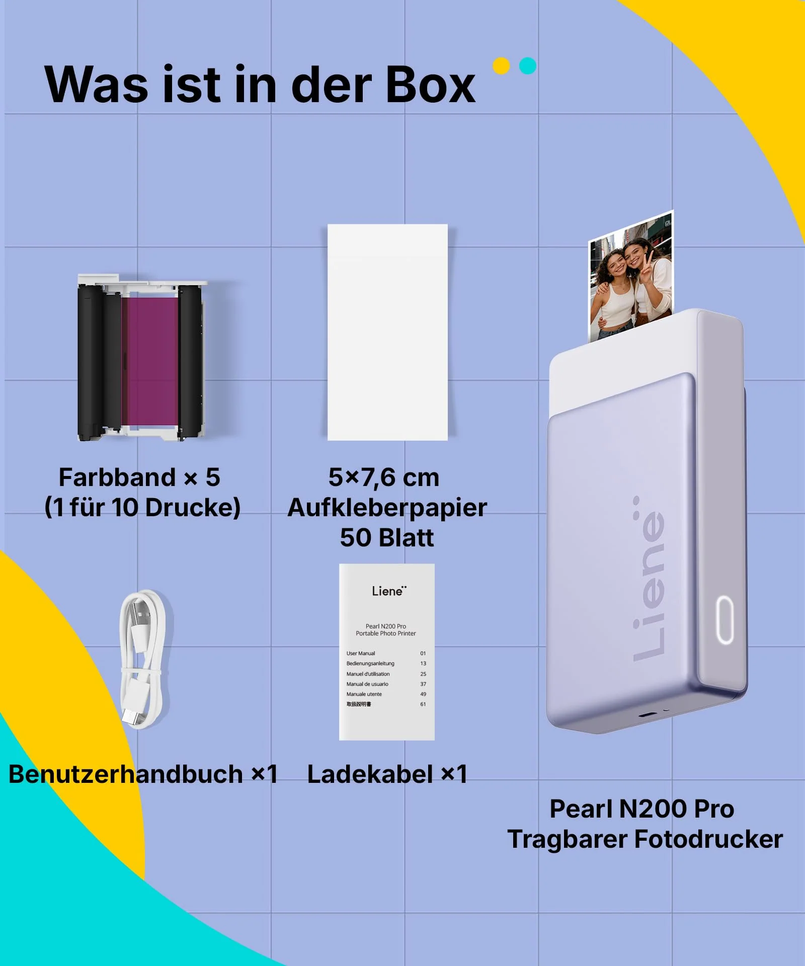 Liene Pearl N200 Pro Tragbarer Mini Fotodrucker mit Farbsublimation – Inkl. 50 selbstklebende Fotos (5x7,6 cm) & 5 Farbbänder, Bluetooth, 300 dpi, Sofortbilddrucker für iPhone & Android, Akku, in Lila - Image 2
