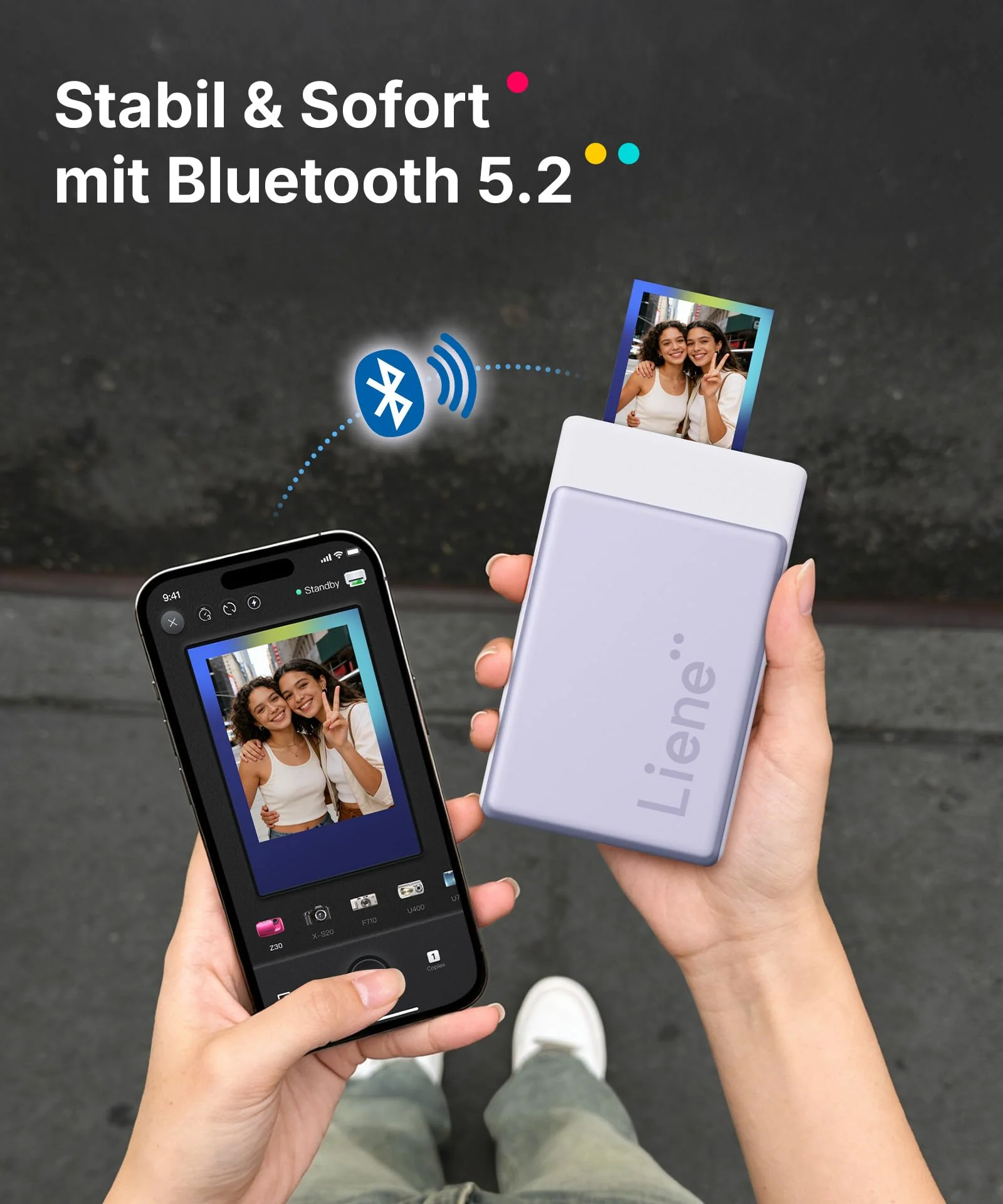 Liene Pearl N200 Pro Tragbarer Mini Fotodrucker mit Farbsublimation – Inkl. 50 selbstklebende Fotos (5x7,6 cm) & 5 Farbbänder, Bluetooth, 300 dpi, Sofortbilddrucker für iPhone & Android, Akku, in Lila - Image 3