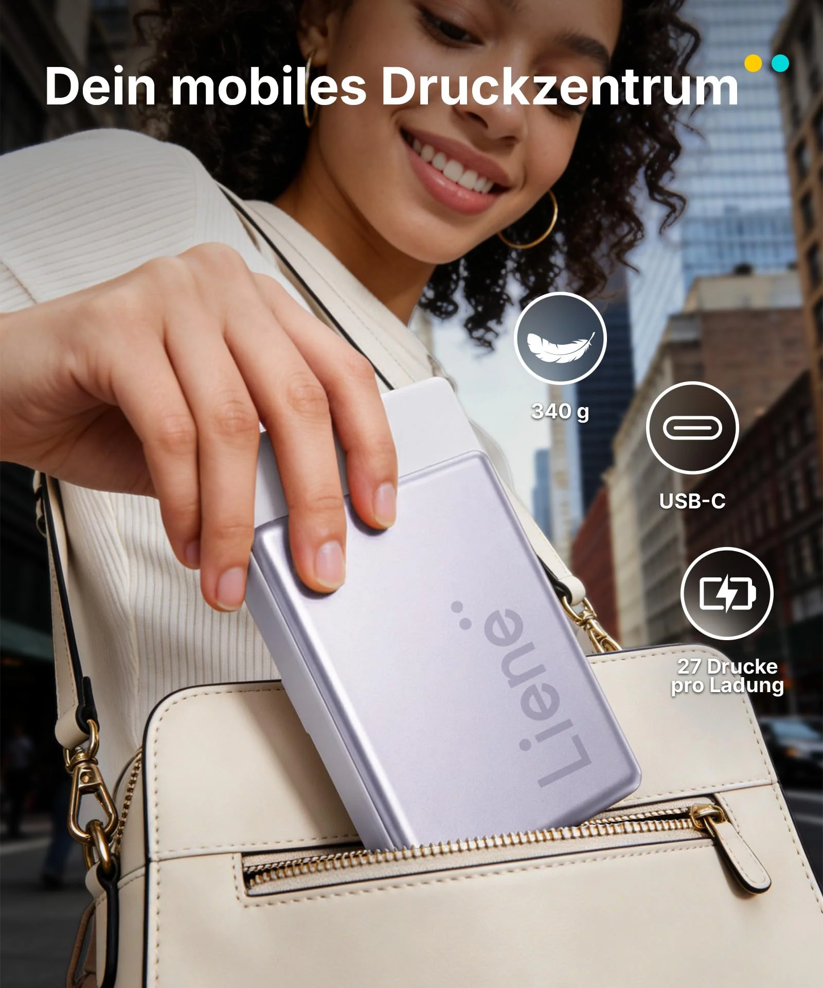 Liene Pearl N200 Pro Tragbarer Mini Fotodrucker mit Farbsublimation – Inkl. 50 selbstklebende Fotos (5x7,6 cm) & 5 Farbbänder, Bluetooth, 300 dpi, Sofortbilddrucker für iPhone & Android, Akku, in Lila - Image 4