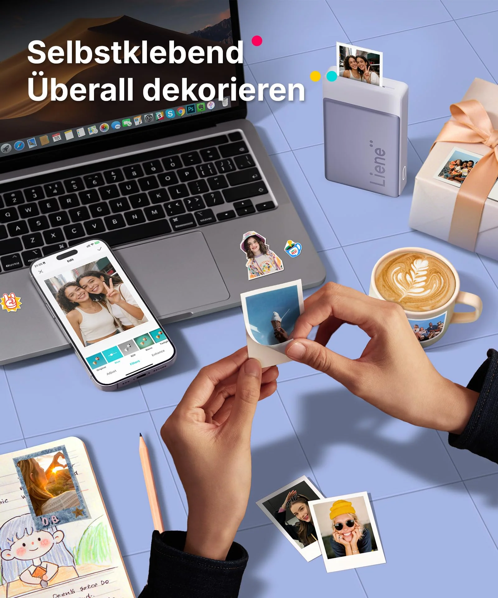 Liene Pearl N200 Pro Tragbarer Mini Fotodrucker mit Farbsublimation – Inkl. 50 selbstklebende Fotos (5x7,6 cm) & 5 Farbbänder, Bluetooth, 300 dpi, Sofortbilddrucker für iPhone & Android, Akku, in Lila - Image 7