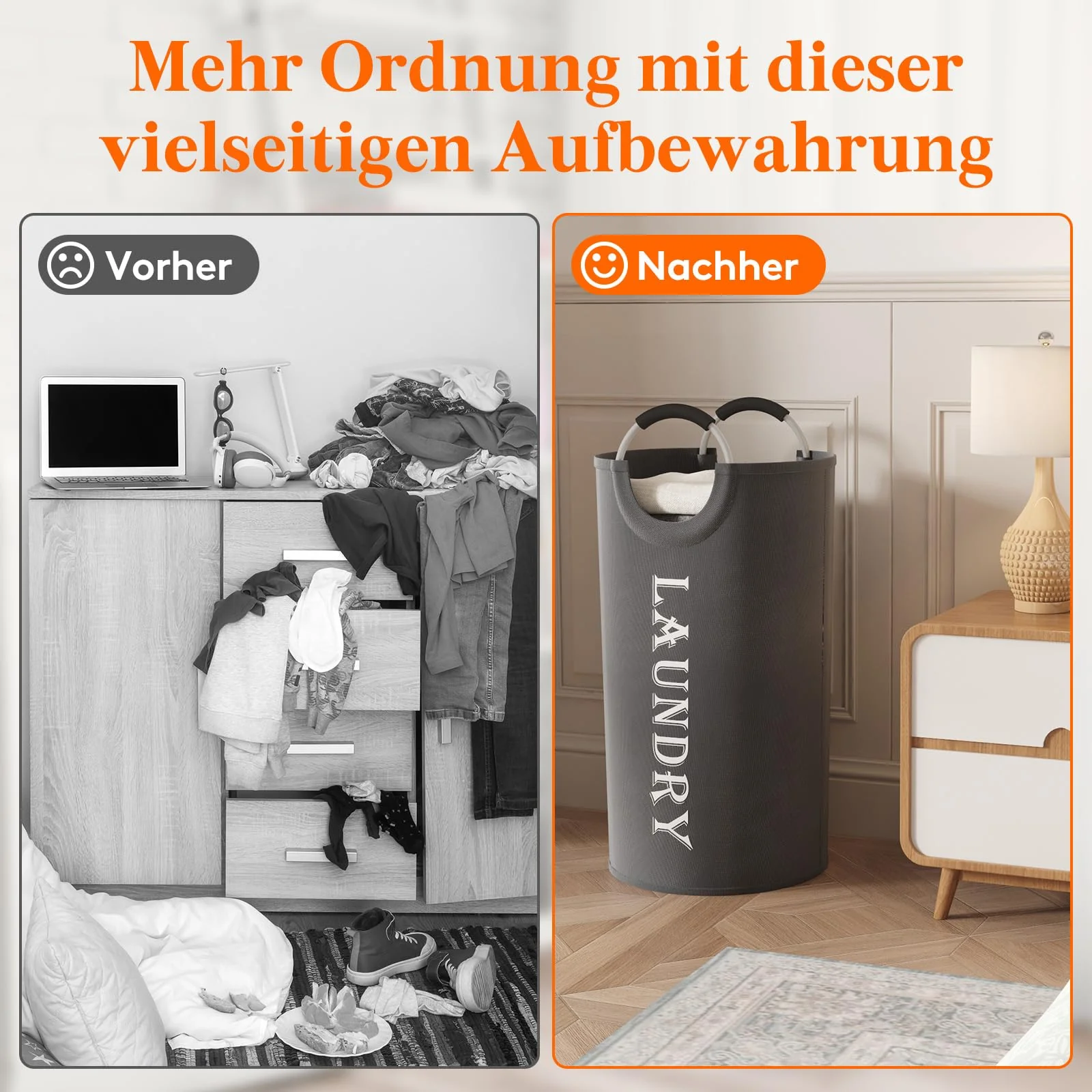 Lifewit 2 Set Faltbarer Wäschekorb 100L, Tragbarer Wäschesammler mit Aluminiumgriff Oxford Stoff Wäschesack Aufbewahrung für Kleidung/Badetuch/Bettbezug Schlafzimmer Badezimmer Waschraum, Grau - Image 5