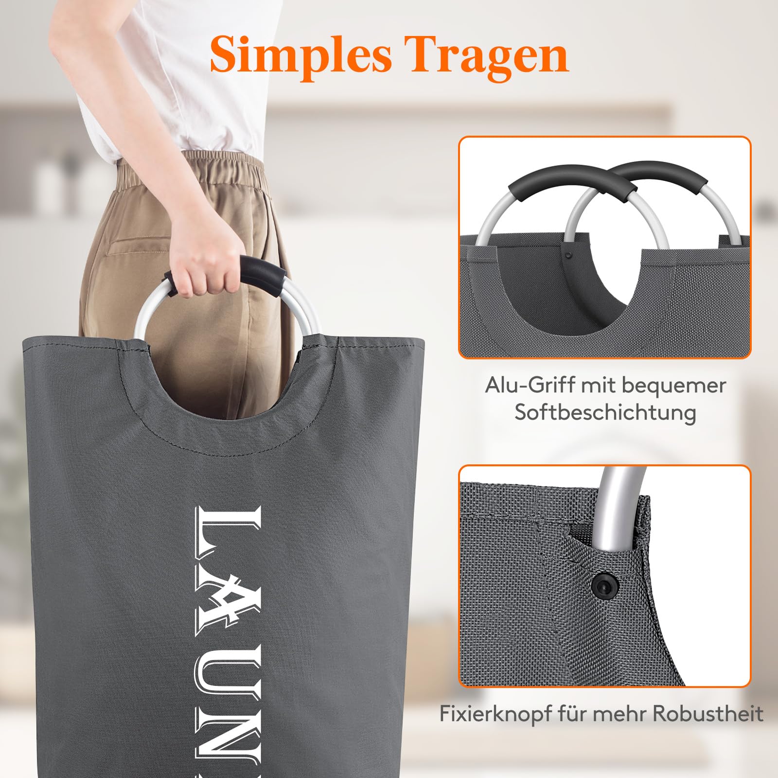 Lifewit 2 Set Faltbarer Wäschekorb 100L, Tragbarer Wäschesammler mit Aluminiumgriff Oxford Stoff Wäschesack Aufbewahrung für Kleidung/Badetuch/Bettbezug Schlafzimmer Badezimmer Waschraum, Grau - Image 6