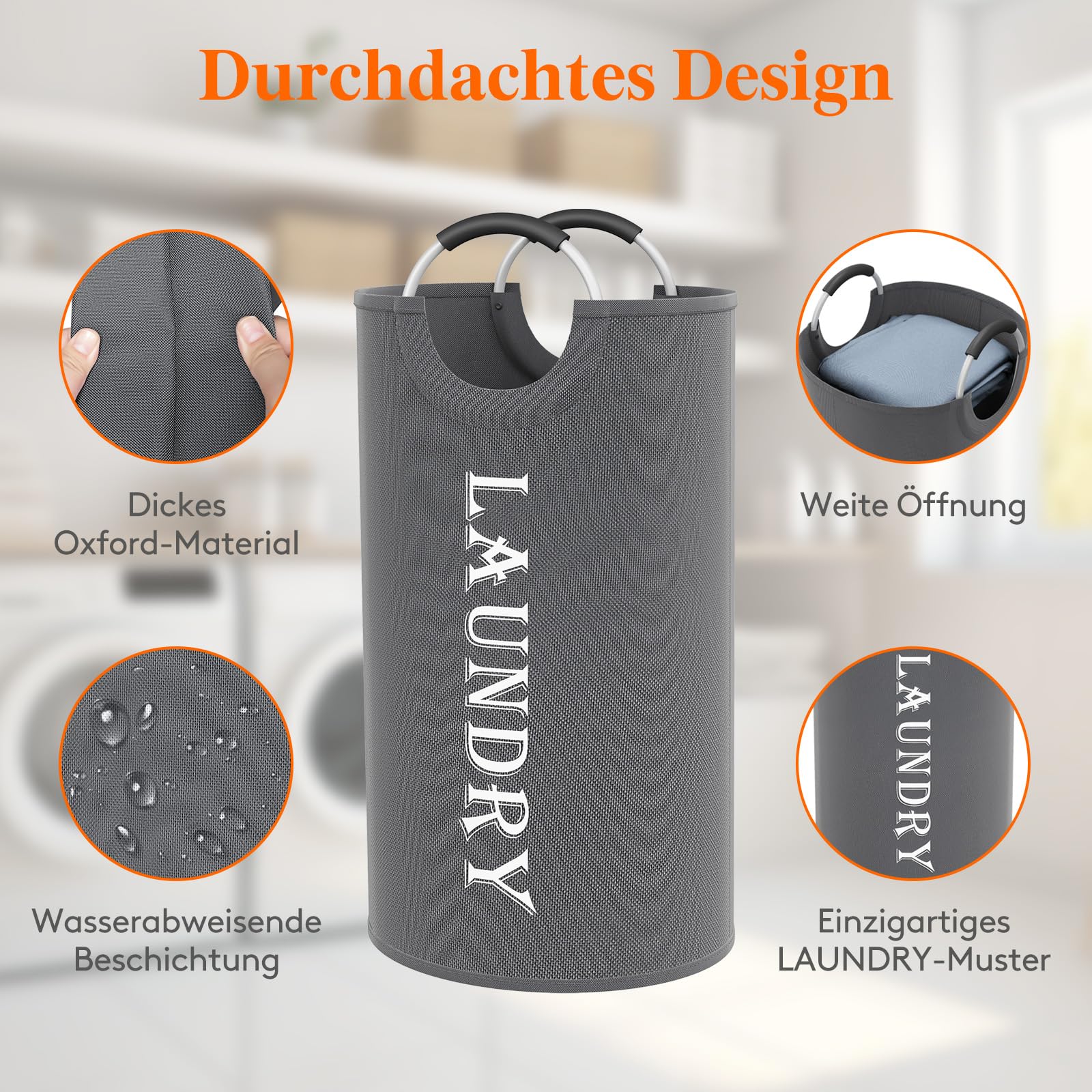 Lifewit 2 Set Faltbarer Wäschekorb 100L, Tragbarer Wäschesammler mit Aluminiumgriff Oxford Stoff Wäschesack Aufbewahrung für Kleidung/Badetuch/Bettbezug Schlafzimmer Badezimmer Waschraum, Grau - Image 7