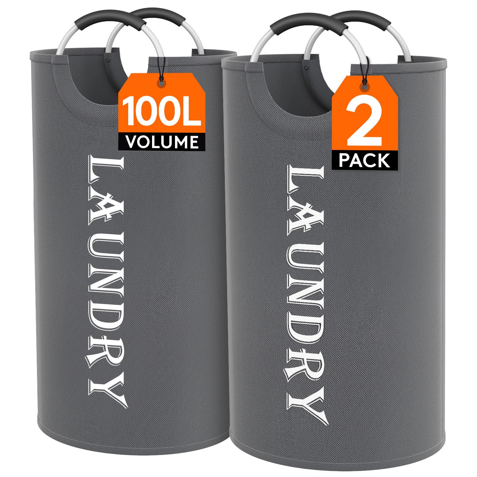 Lifewit 2 Set Faltbarer Wäschekorb 100L, Tragbarer Wäschesammler mit Aluminiumgriff Oxford Stoff Wäschesack Aufbewahrung für Kleidung/Badetuch/Bettbezug Schlafzimmer Badezimmer Waschraum, Grau - Image 8