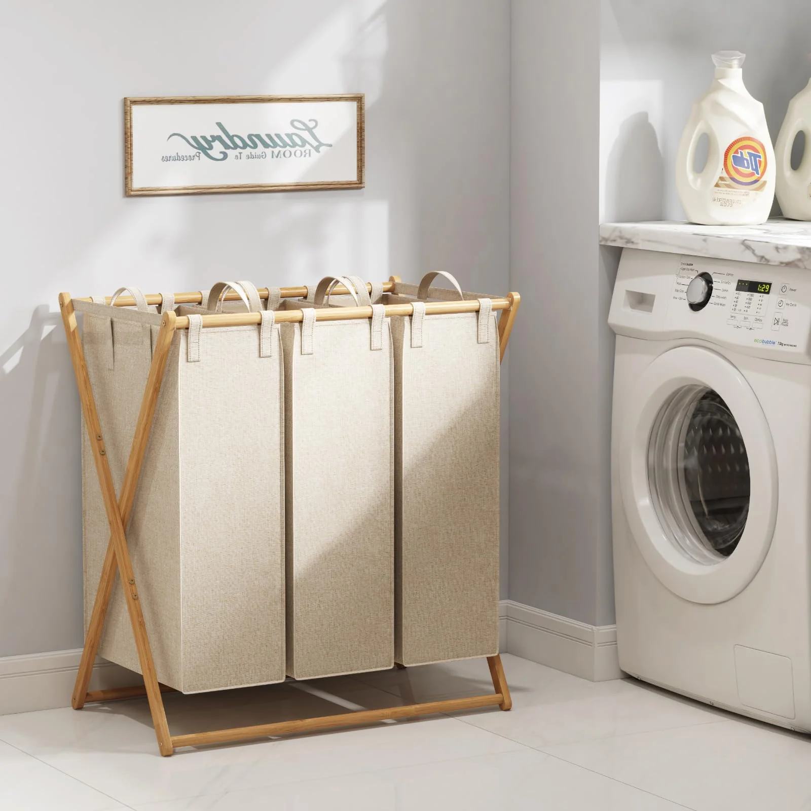 Lifewit 3 Fächer Faltbare 150L Wäschekorb Großer Bambus Frame Wäschesammler Wäschesack Faltbare Schmutzige Kleidung Sorter mit 3 Abnehmbaren Taschen，Wäschesortierer Bambus Beige - Image 2
