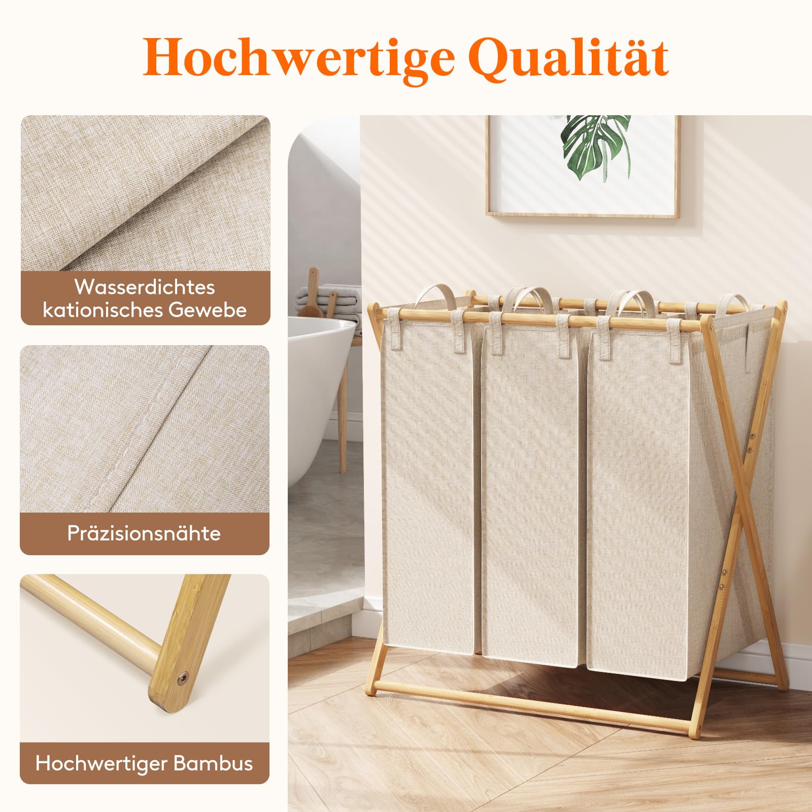 Lifewit 3 Fächer Faltbare 150L Wäschekorb Großer Bambus Frame Wäschesammler Wäschesack Faltbare Schmutzige Kleidung Sorter mit 3 Abnehmbaren Taschen，Wäschesortierer Bambus Beige - Image 8