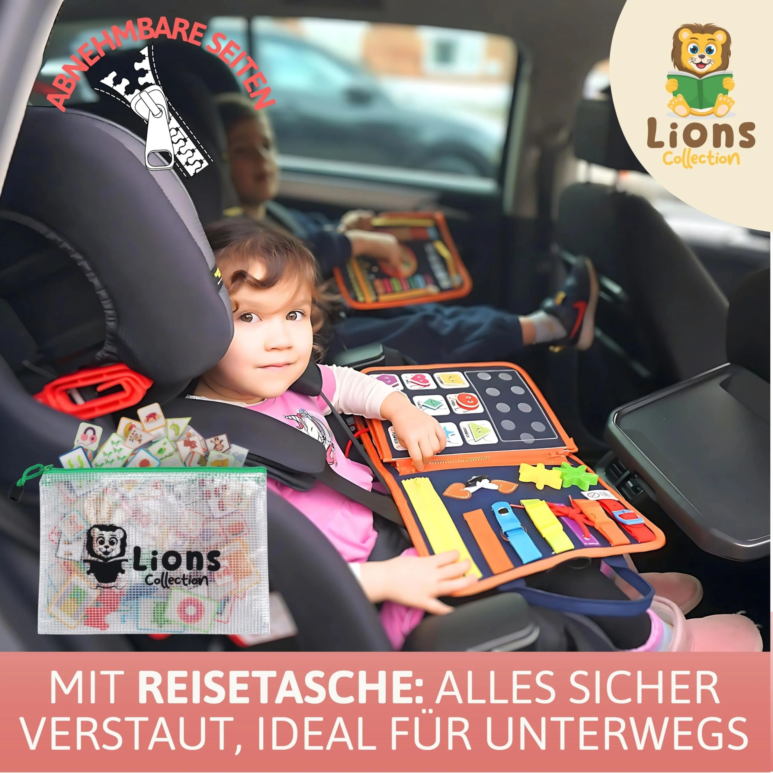 Lion’s Collection® Busy Board Deutsch mit Reisetasche & Montessori Buch – Quiet Book & Busy Book für Kleinkinder ab 3 Jahre – Activity Board, Motorikbuch & Lernbuch – Reisespielzeug Auto & Flugzeug - Image 2