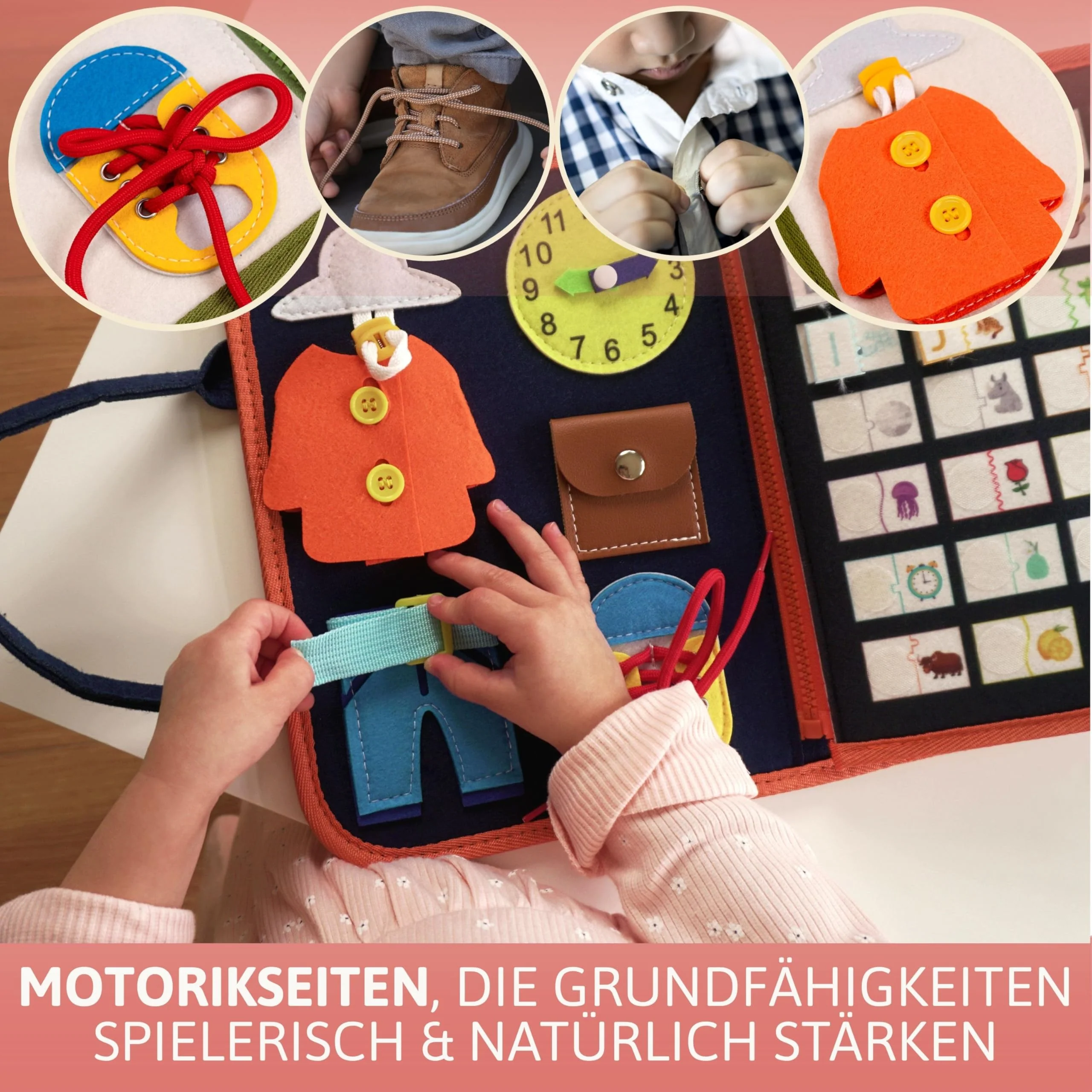 Lion’s Collection® Busy Board Deutsch mit Reisetasche & Montessori Buch – Quiet Book & Busy Book für Kleinkinder ab 3 Jahre – Activity Board, Motorikbuch & Lernbuch – Reisespielzeug Auto & Flugzeug - Image 4