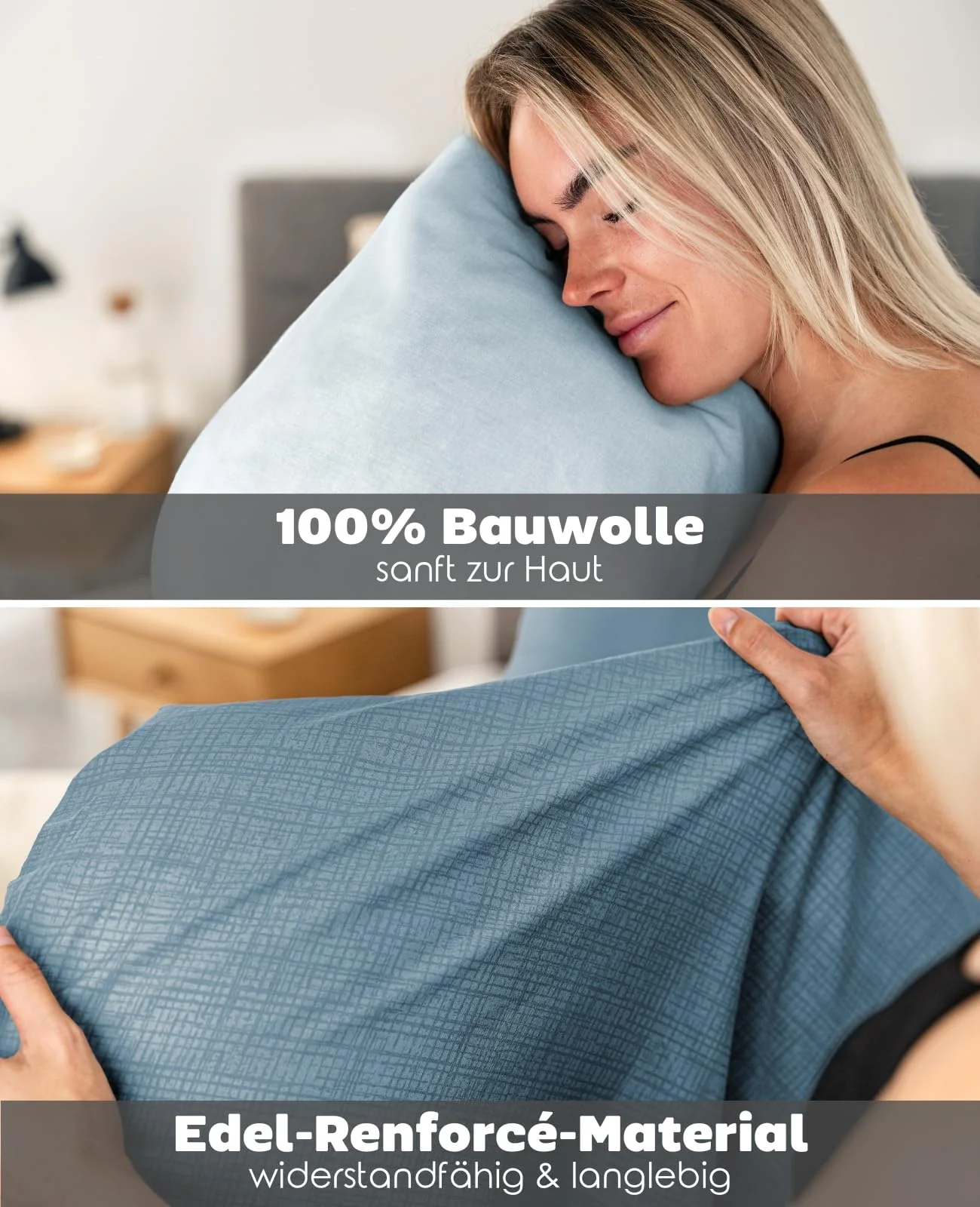 lionto dibea Renforcé-Wendebettwäsche aus 100% Baumwolle, 135x200 cm, Kissenbezug 80x80 cm, 2-teilige Bettwäsche zu jeder Jahreszeit, pflegeleicht und formstabil, inkl. Oeko-TEX Zertifikat, blau - Image 2