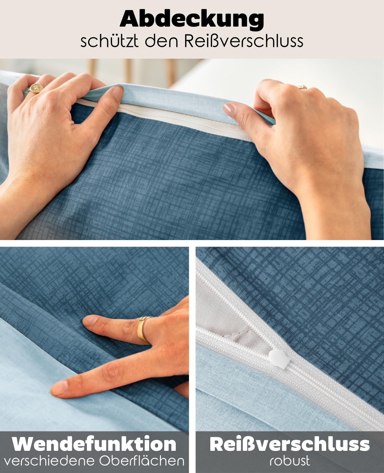 lionto dibea Renforcé-Wendebettwäsche aus 100% Baumwolle, 135x200 cm, Kissenbezug 80x80 cm, 2-teilige Bettwäsche zu jeder Jahreszeit, pflegeleicht und formstabil, inkl. Oeko-TEX Zertifikat, blau - Image 5